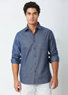 Casual Point Collar Giza Cotton Herringbone Shirt - Denim Blue