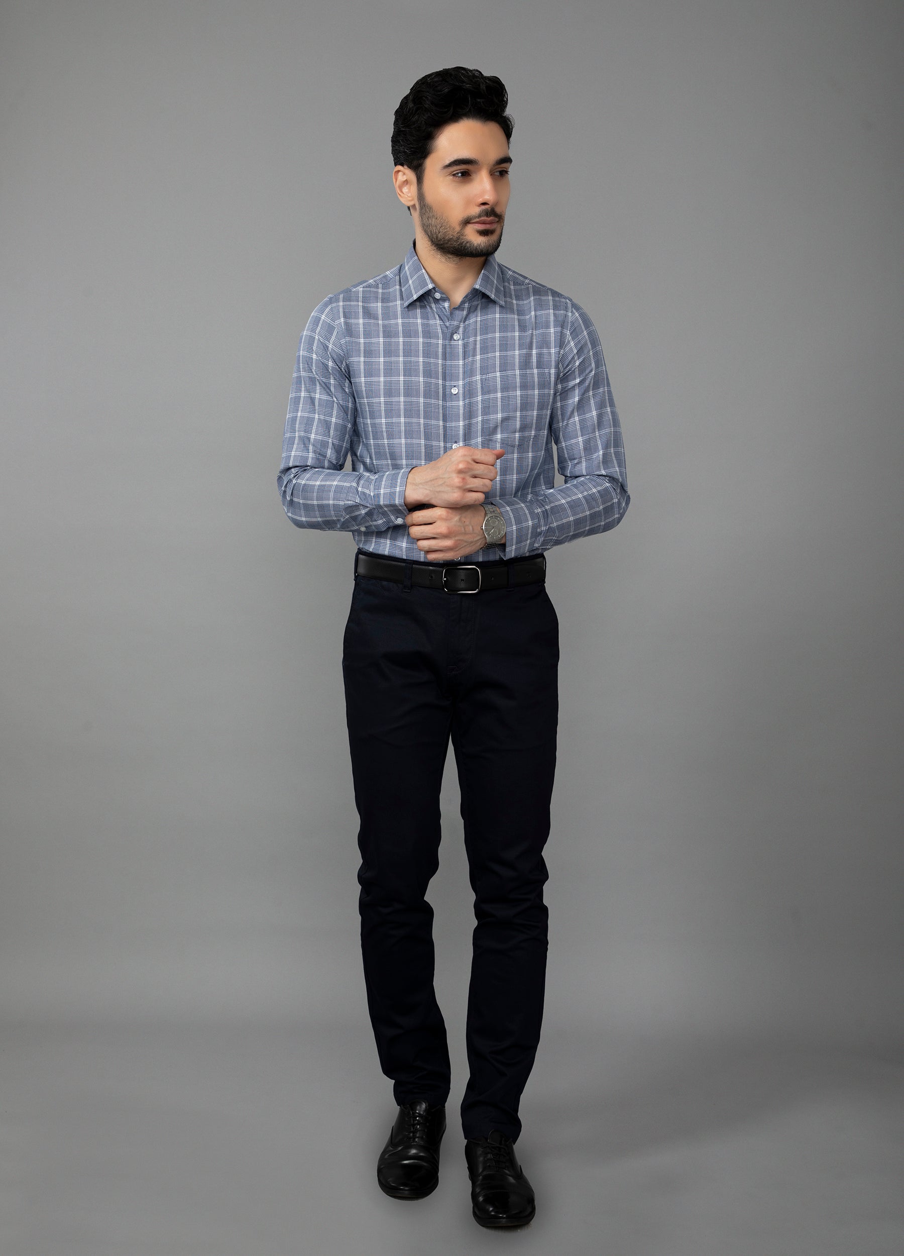 Point Collar Houndstooth Shirt - Navy Blue
