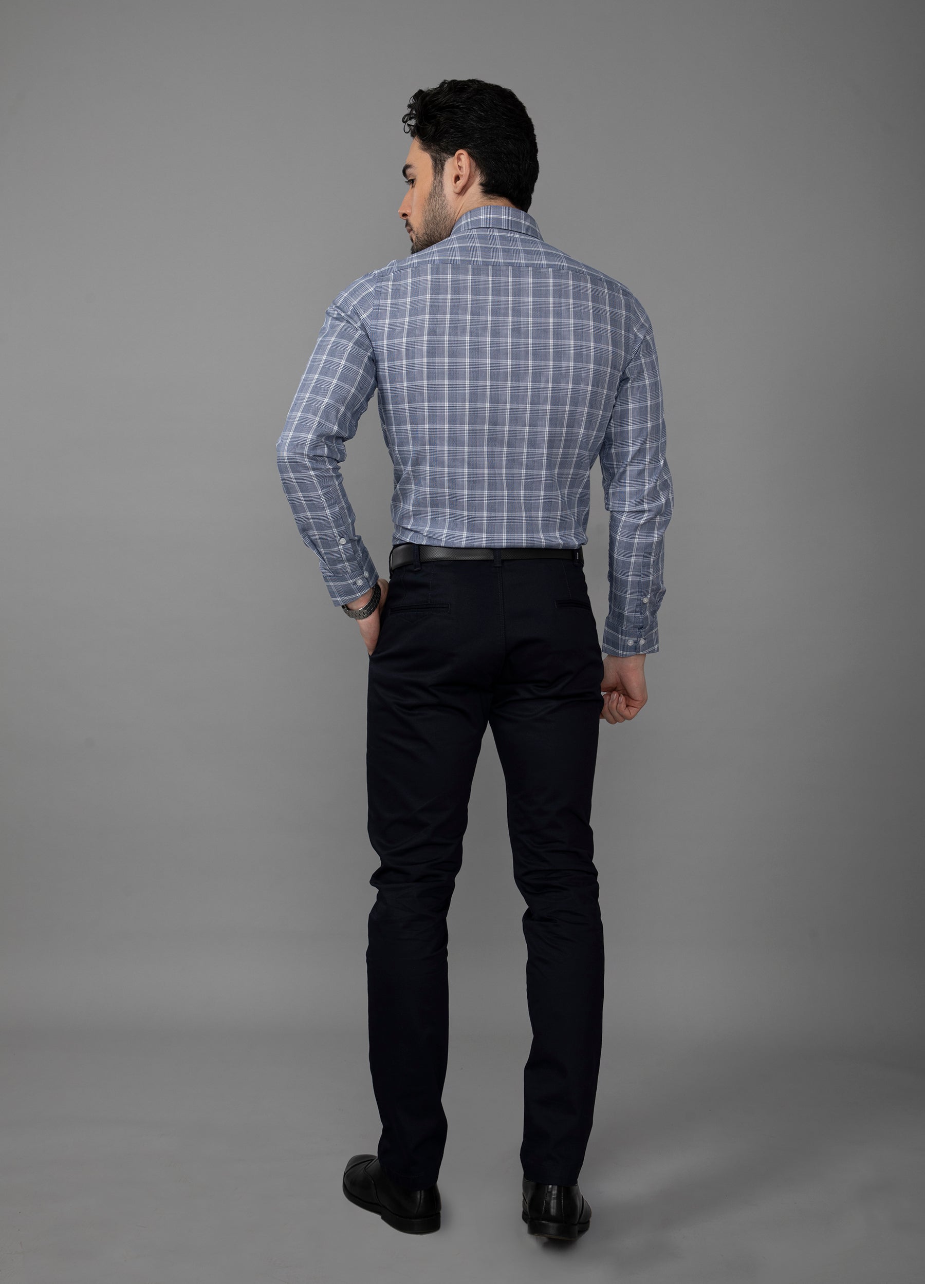 Point Collar Houndstooth Shirt - Navy Blue