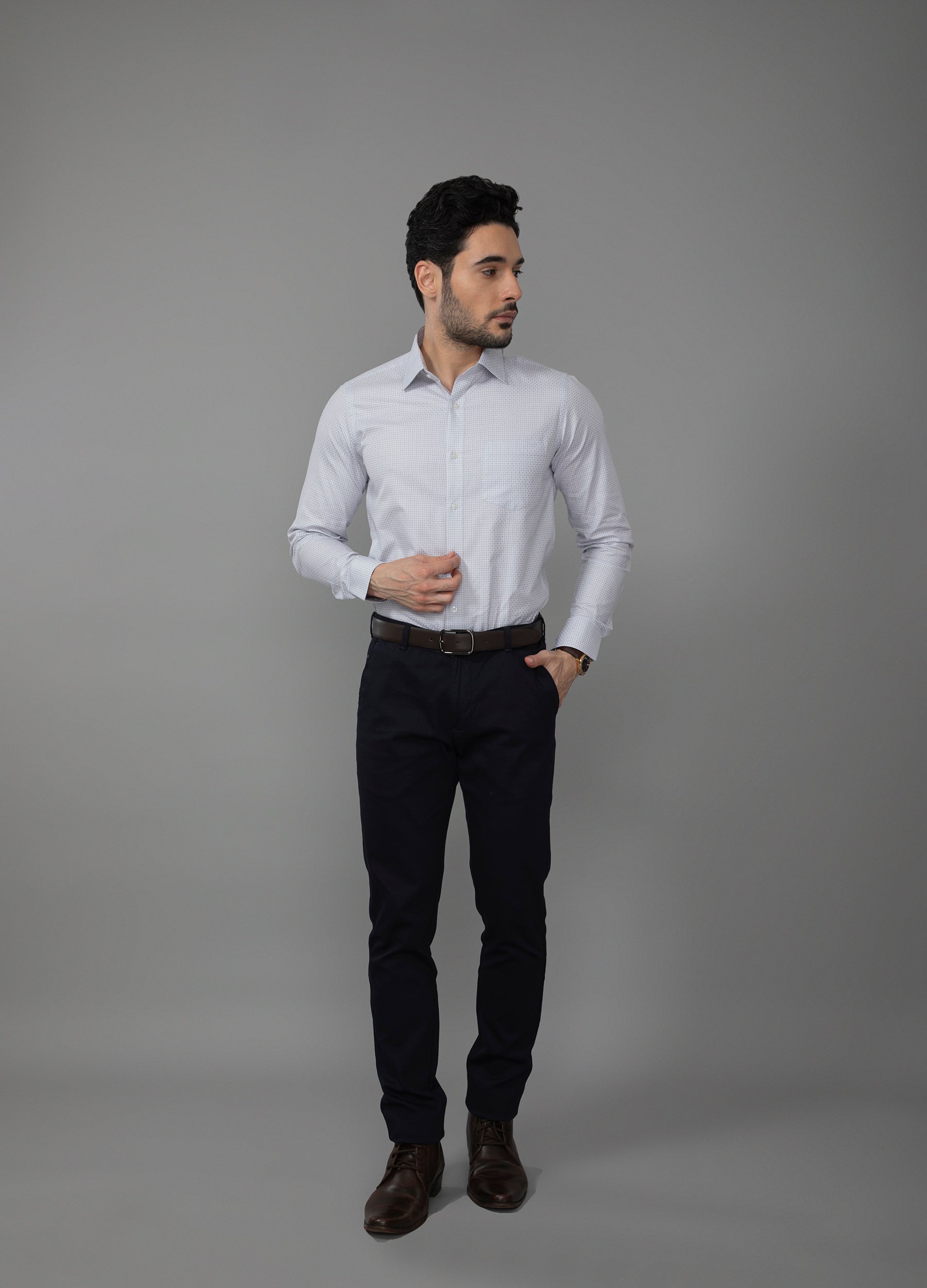 Point Collar End on End Diamond Weave Shirt - Fossil Grey