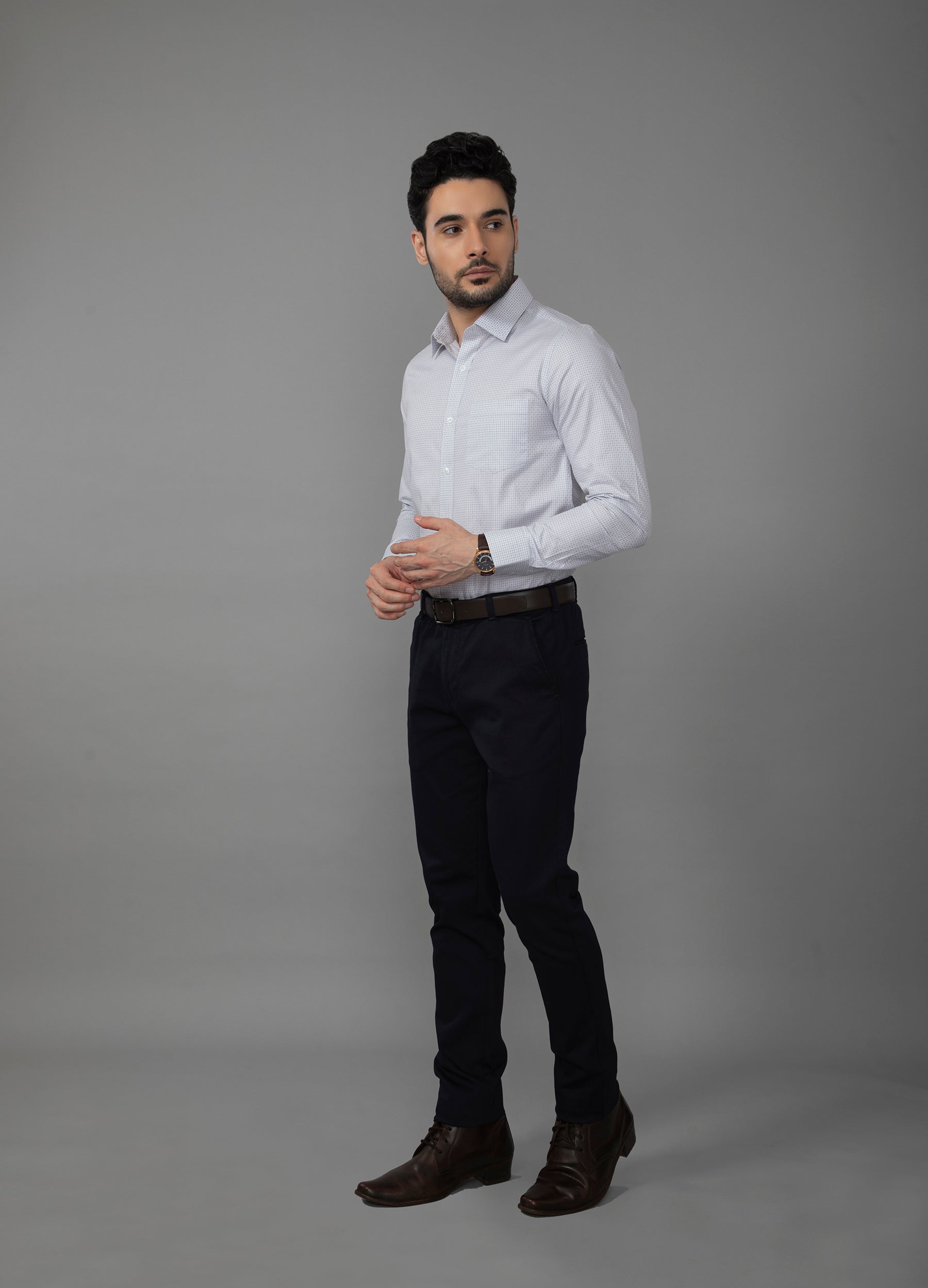 Point Collar End on End Diamond Weave Shirt - Fossil Grey