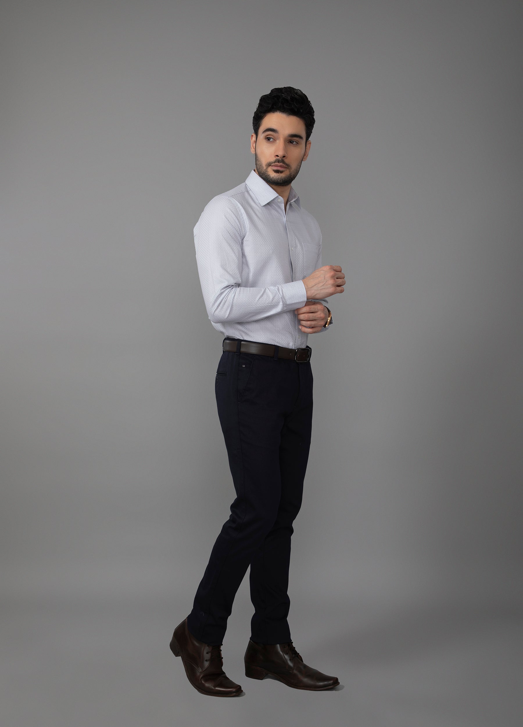 Point Collar End on End Diamond Weave Shirt - Fossil Grey
