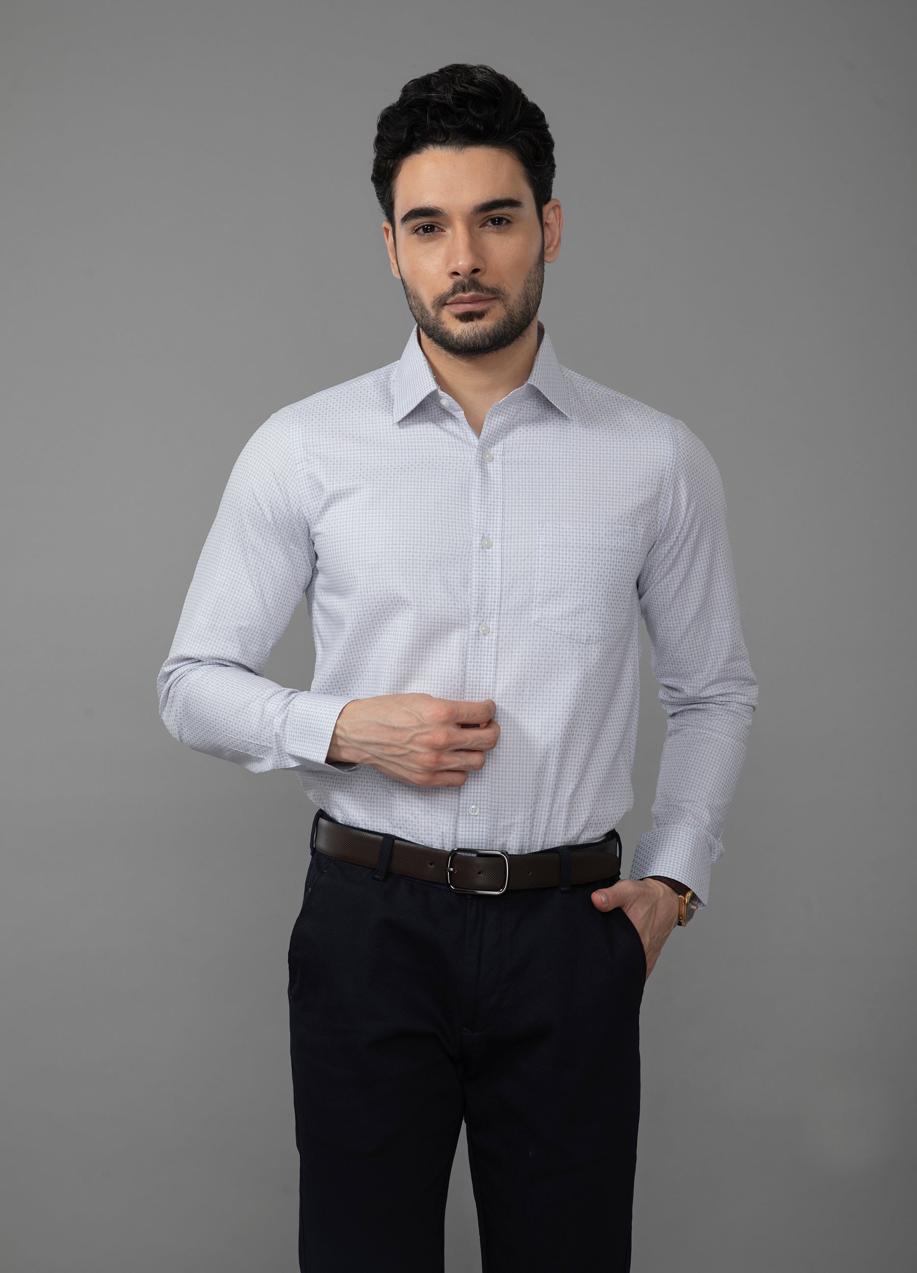 Point Collar End on End Diamond Weave Shirt - Fossil Grey