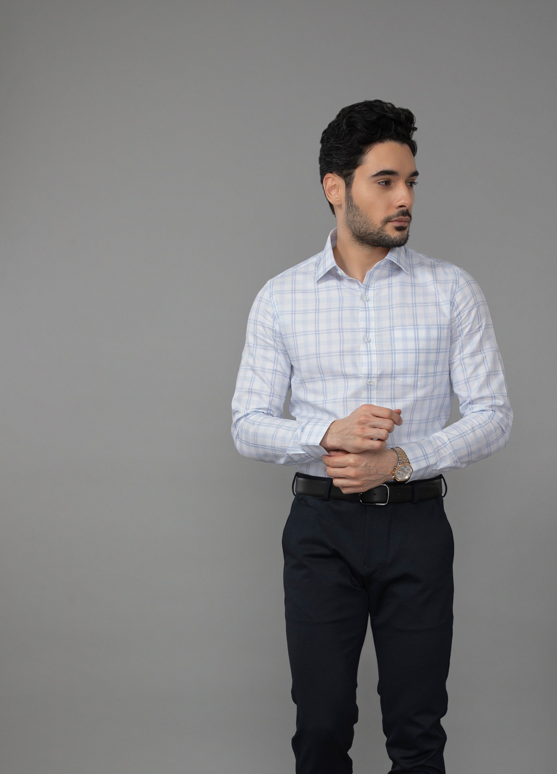 Point Collar Oxford Overcheck Shirt - Powder Blue
