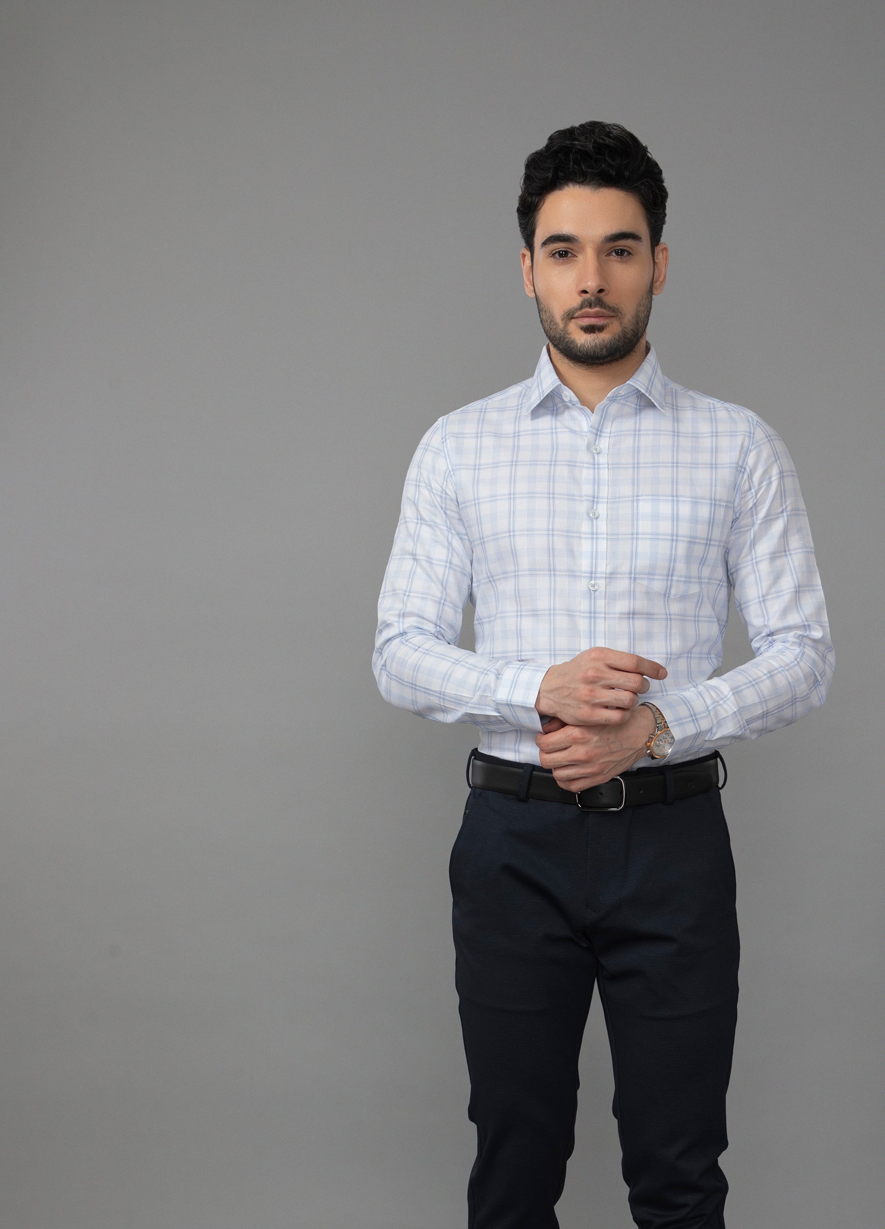 Point Collar Oxford Overcheck Shirt - Powder Blue