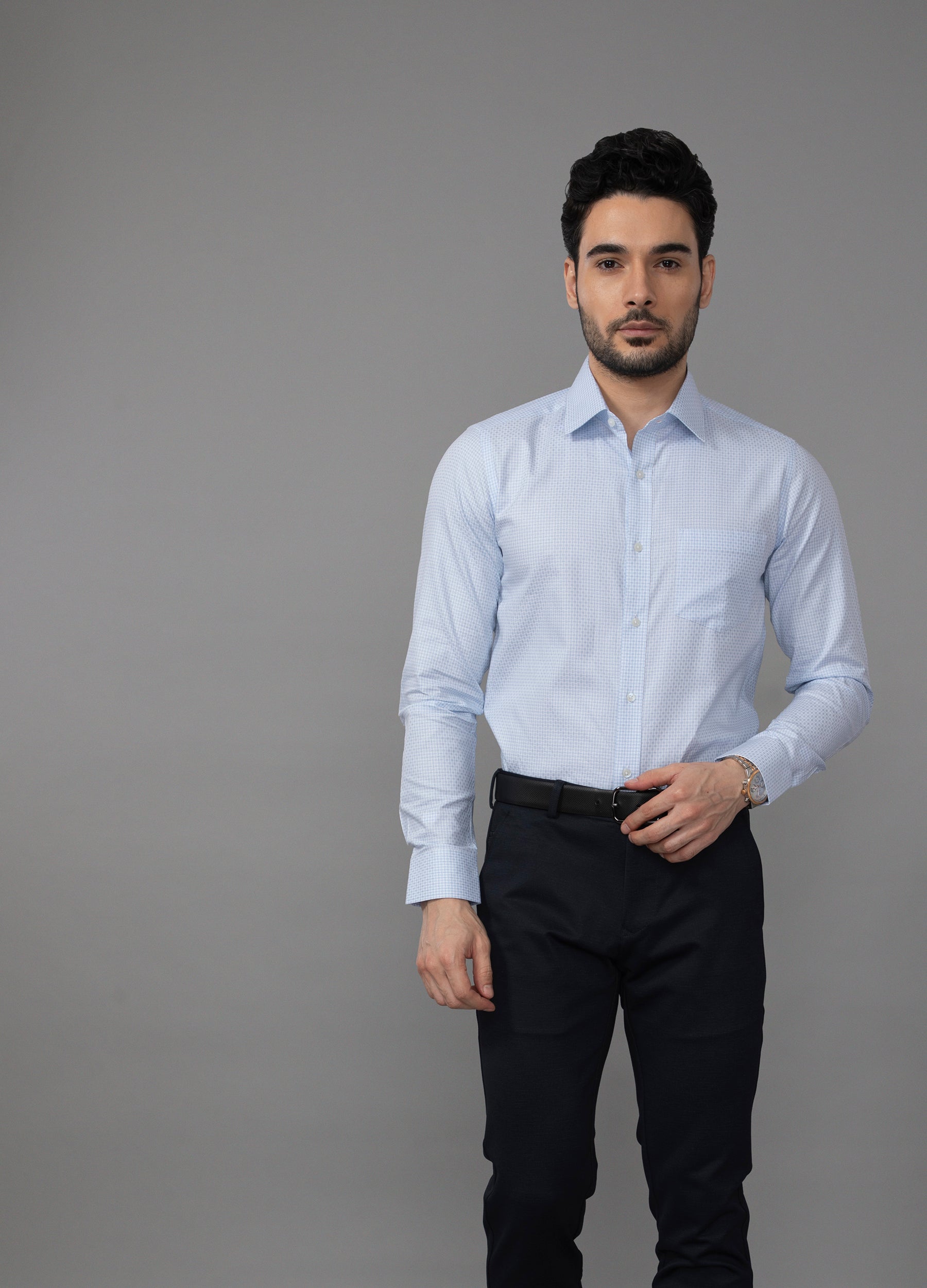 Point Collar End on End Diamond Weave Shirt - Sky Blue