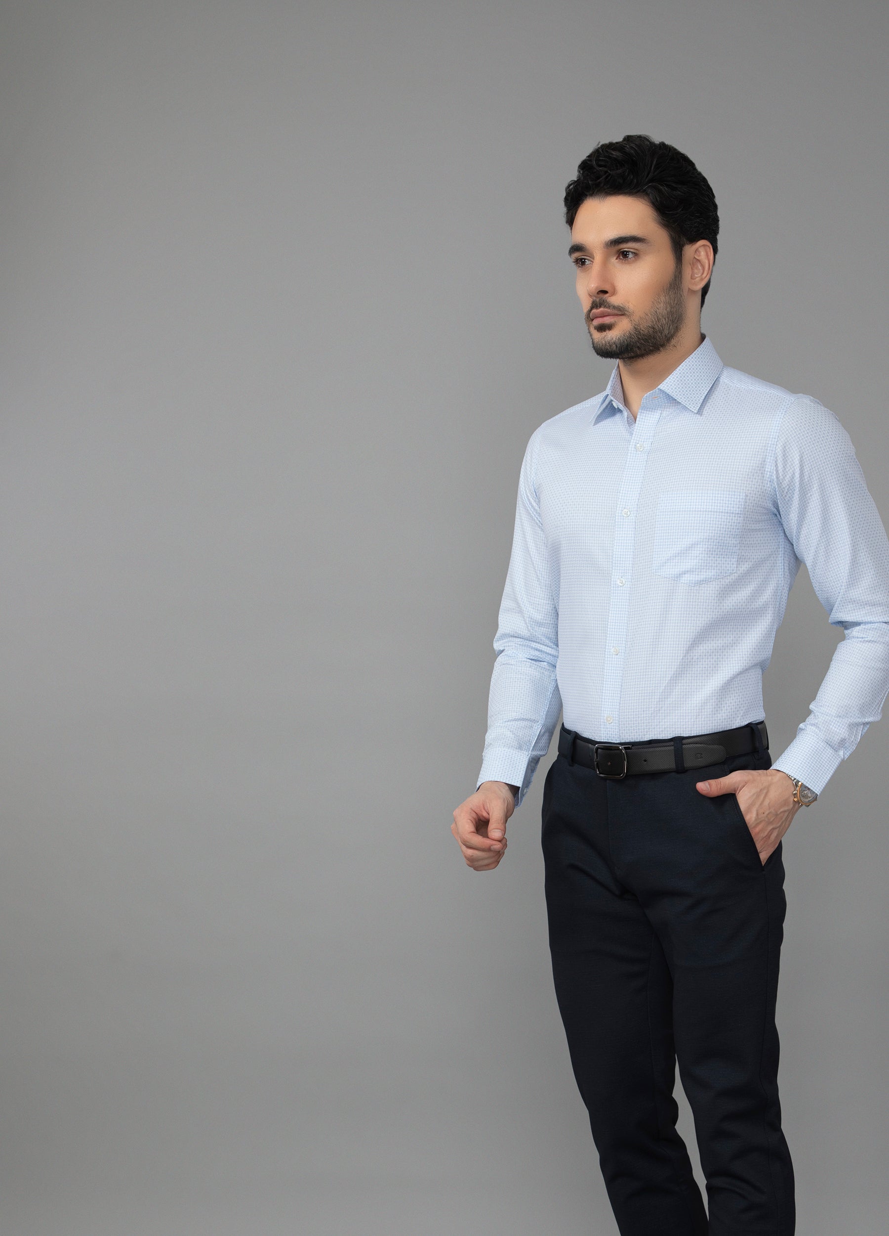 Point Collar End on End Diamond Weave Shirt - Sky Blue