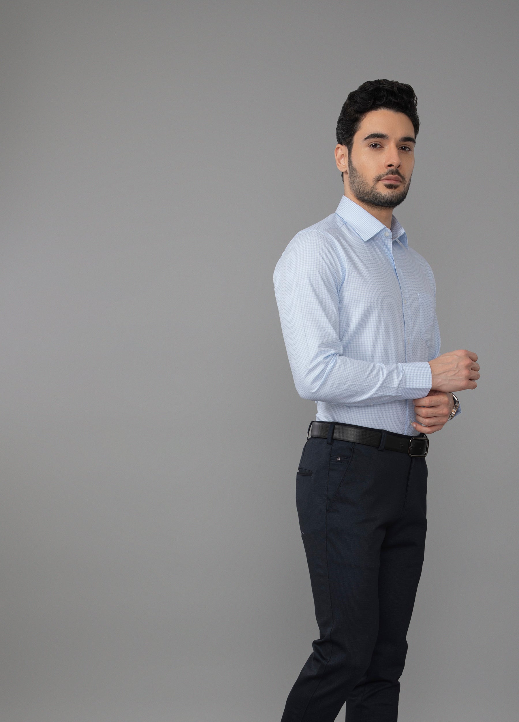 Point Collar End on End Diamond Weave Shirt - Sky Blue