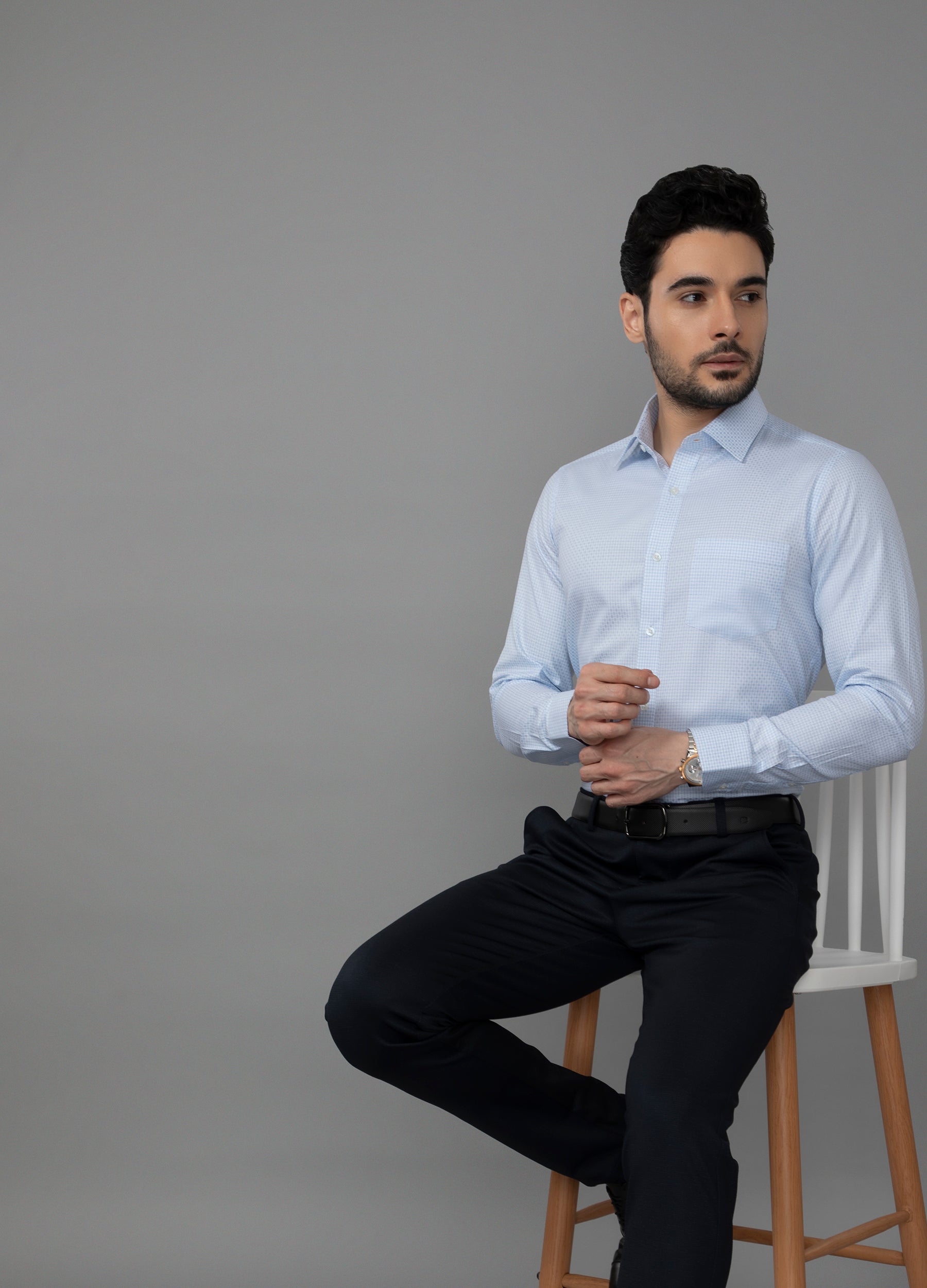 Point Collar End on End Diamond Weave Shirt - Sky Blue