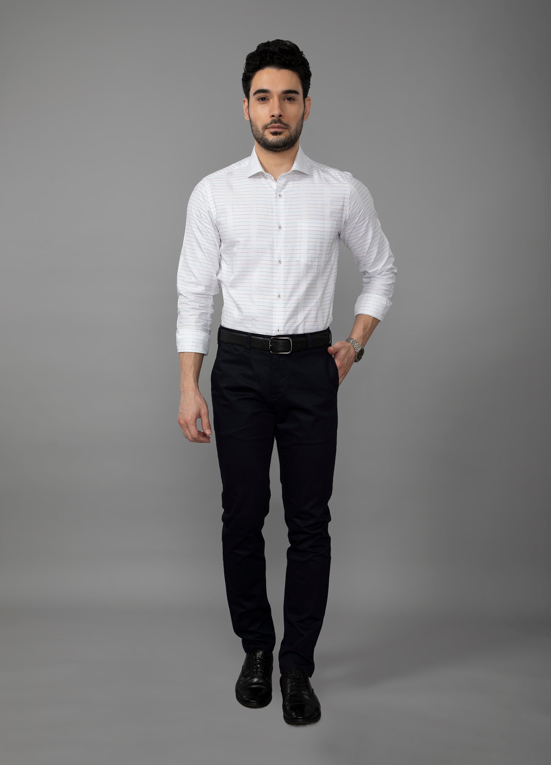 Point Collar Yarn Dyed Multi Color Stripe Shirt - Blue Tones