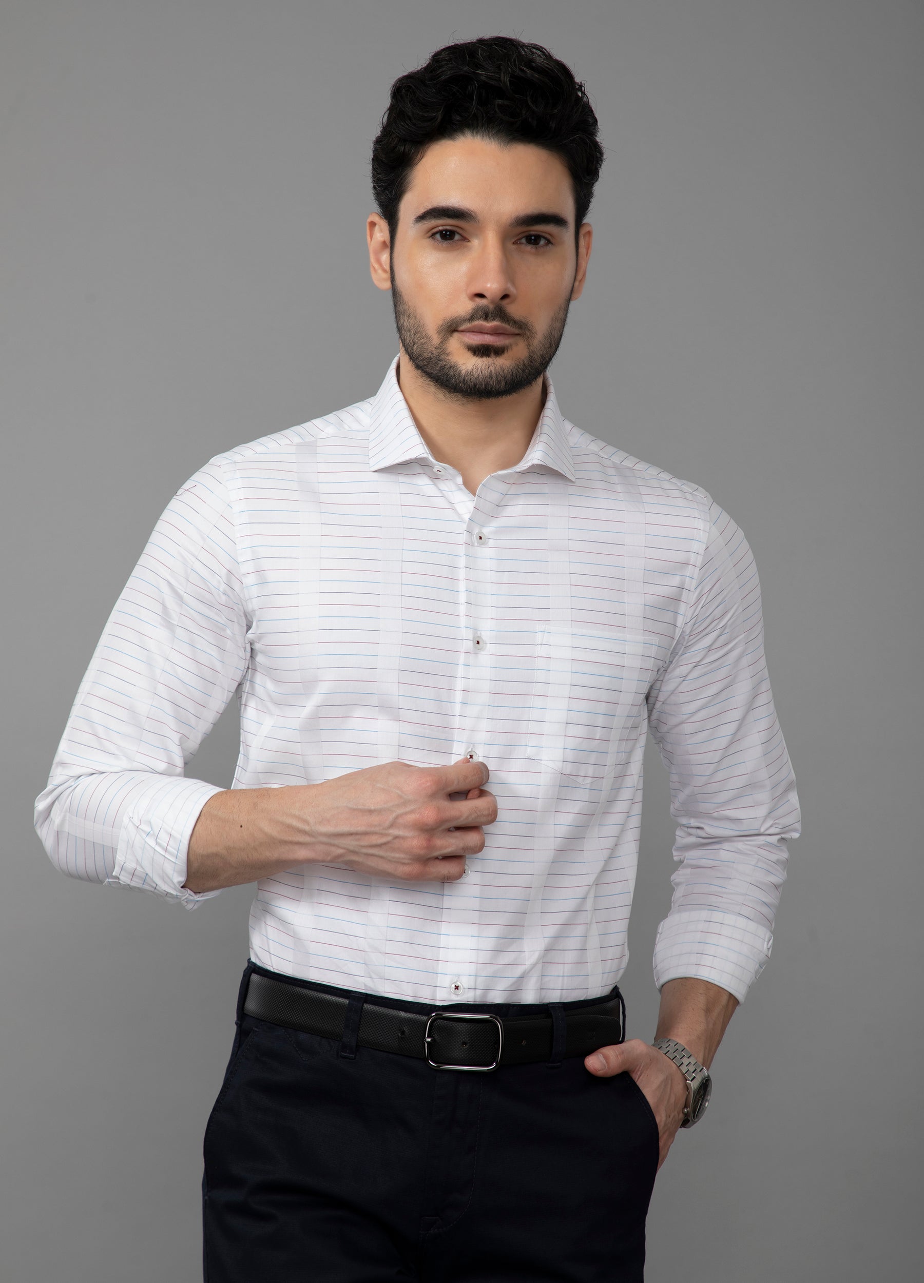 Point Collar Yarn Dyed Multi Color Stripe Shirt - Blue Tones