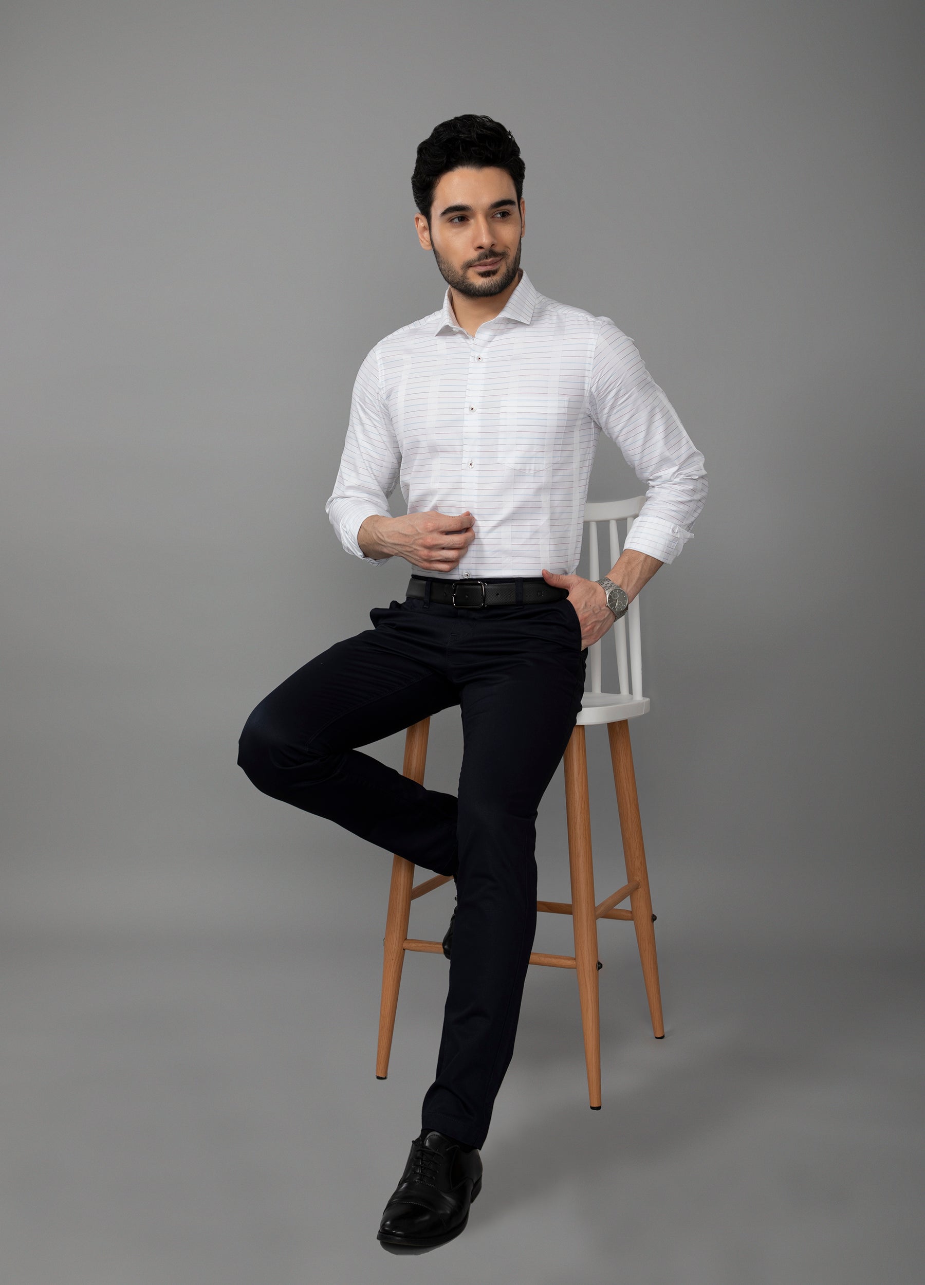Point Collar Yarn Dyed Multi Color Stripe Shirt - Blue Tones