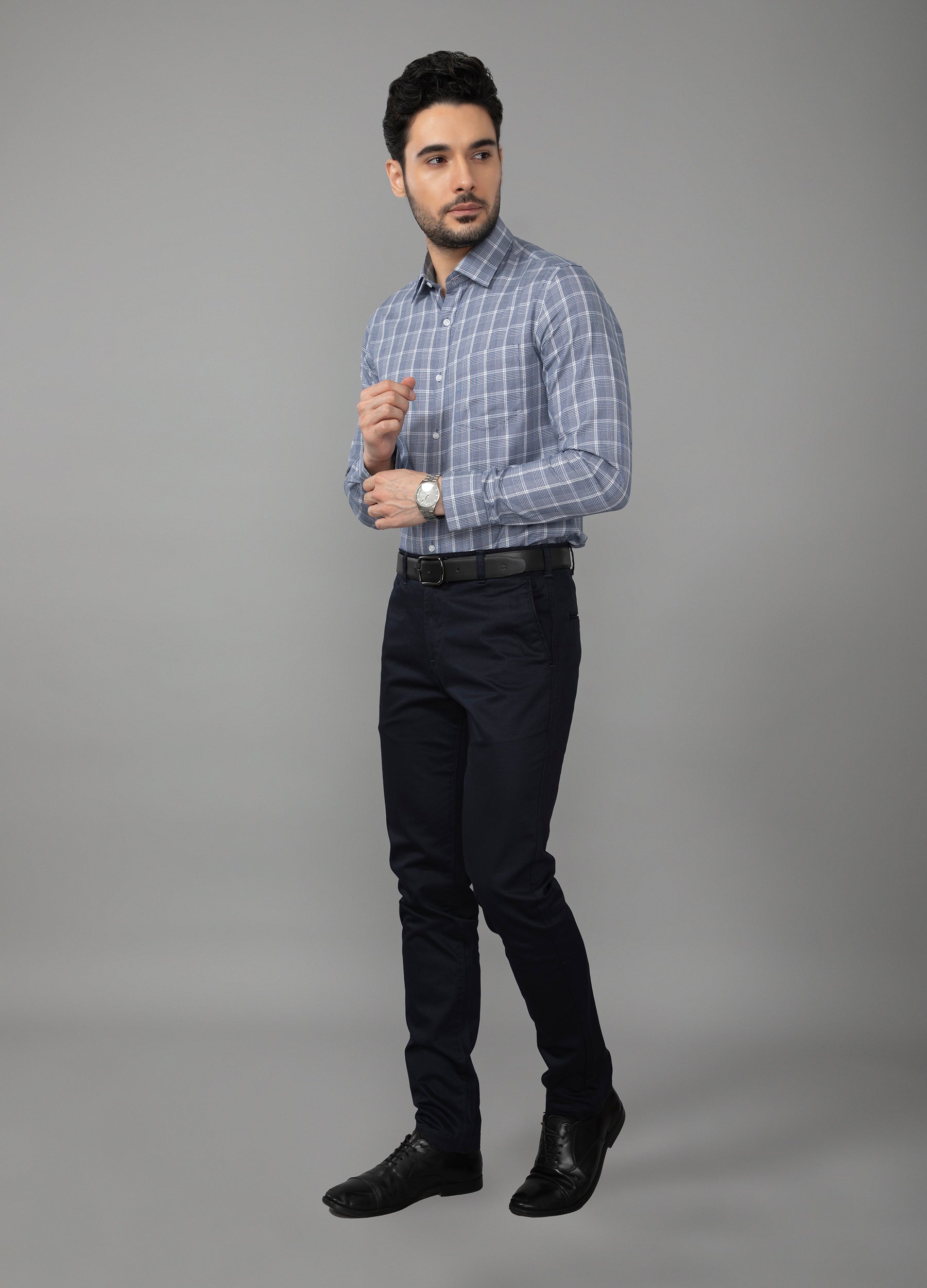 Point Collar Houndstooth Shirt - Navy Blue
