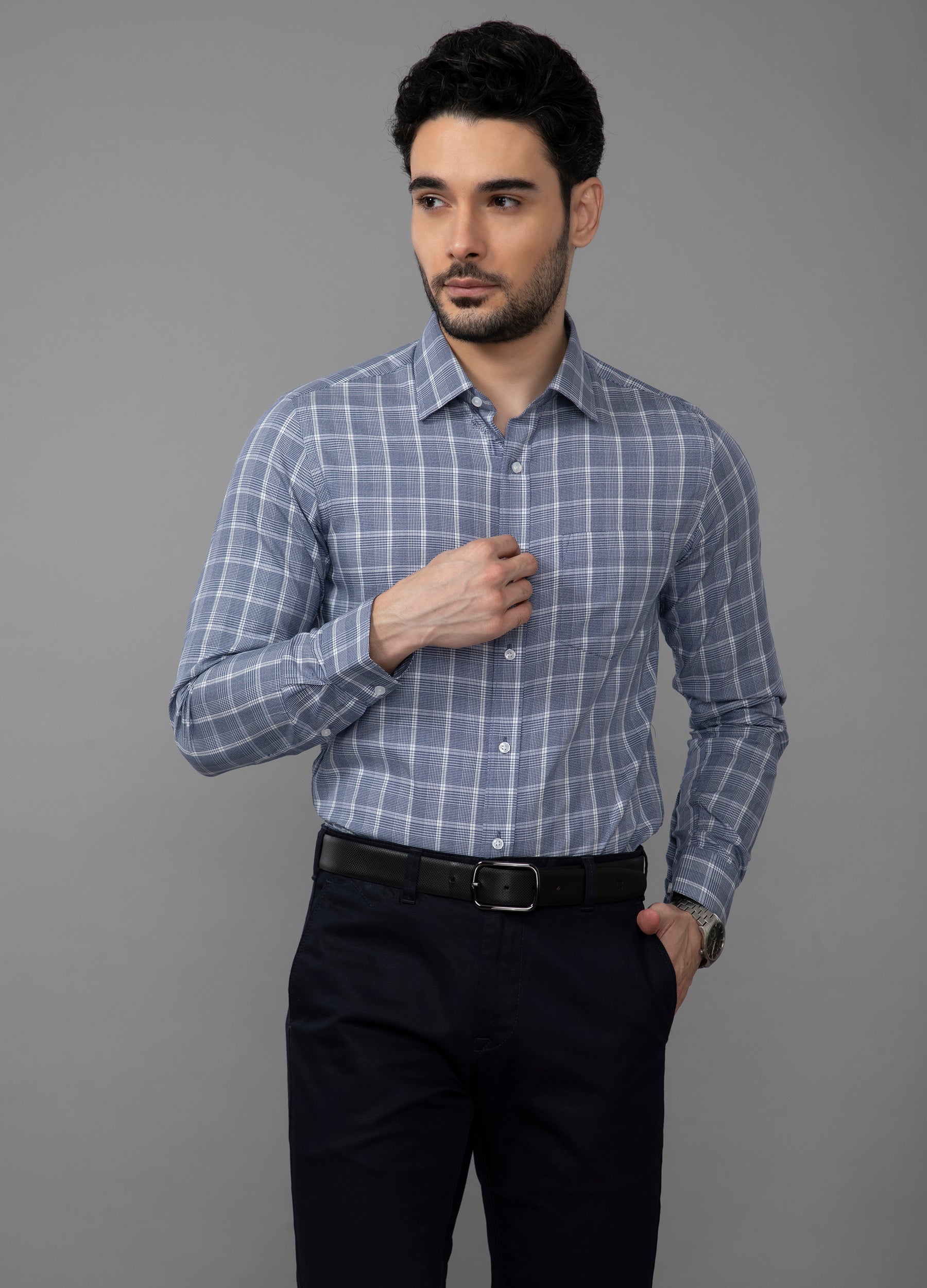 Point Collar Houndstooth Shirt - Navy Blue