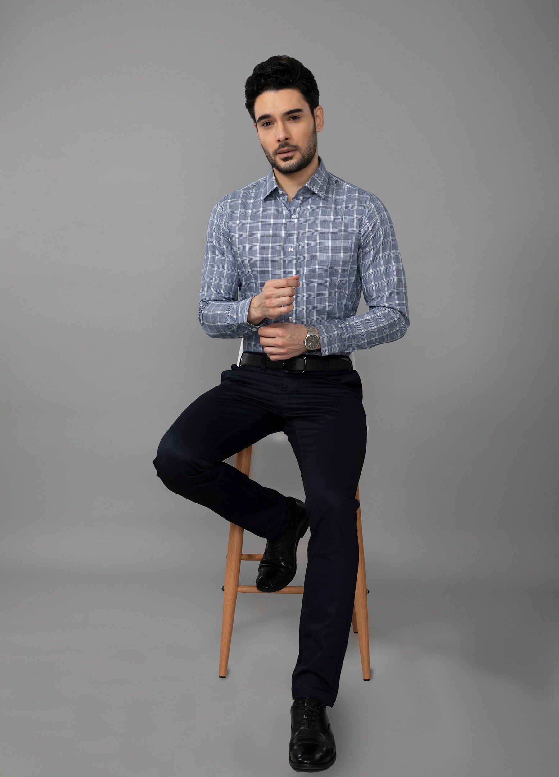 Point Collar Houndstooth Shirt - Navy Blue