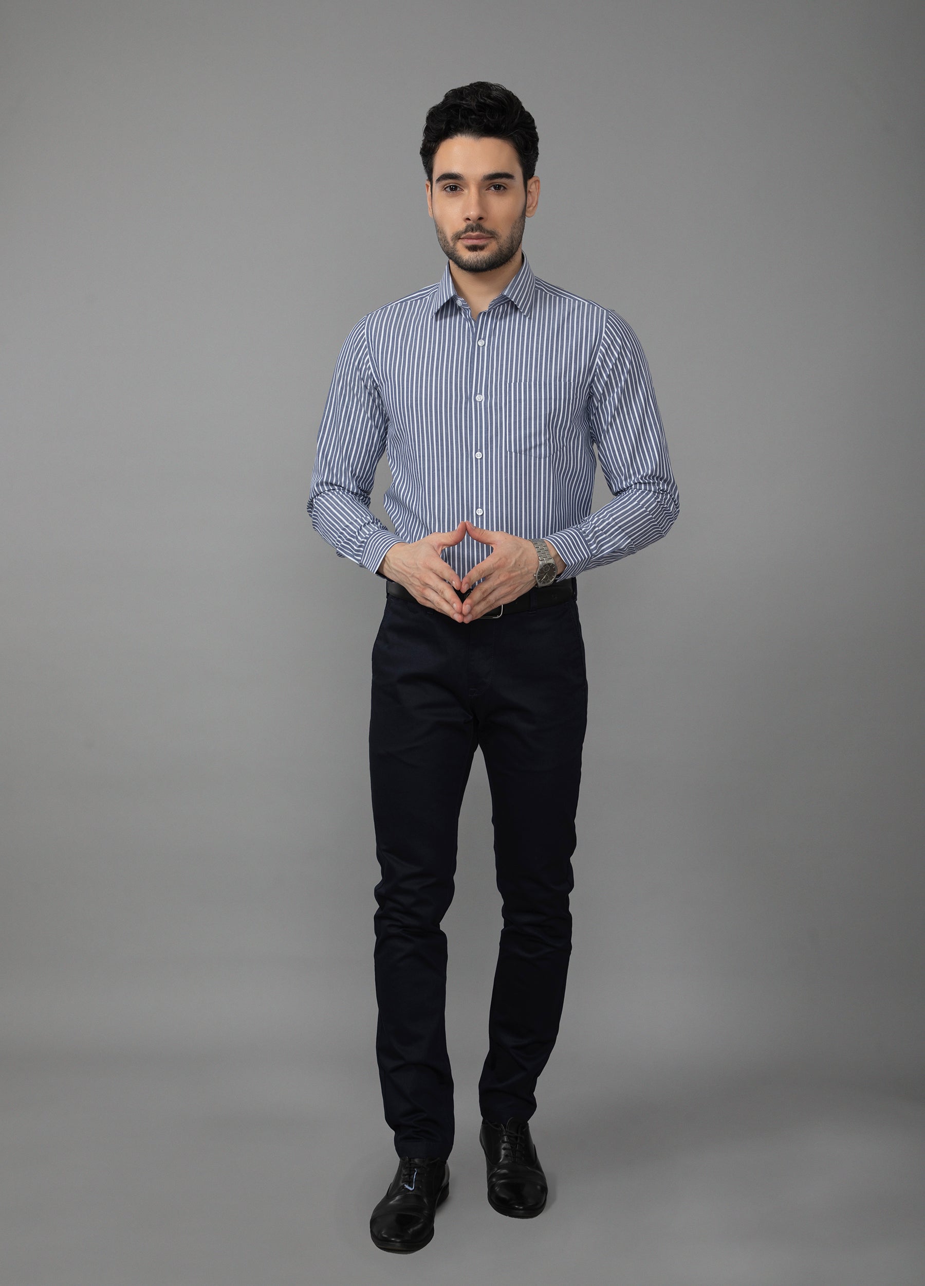 Point Collar Two Colour Yarn Dyed Stripe Shirt - Yale Blue