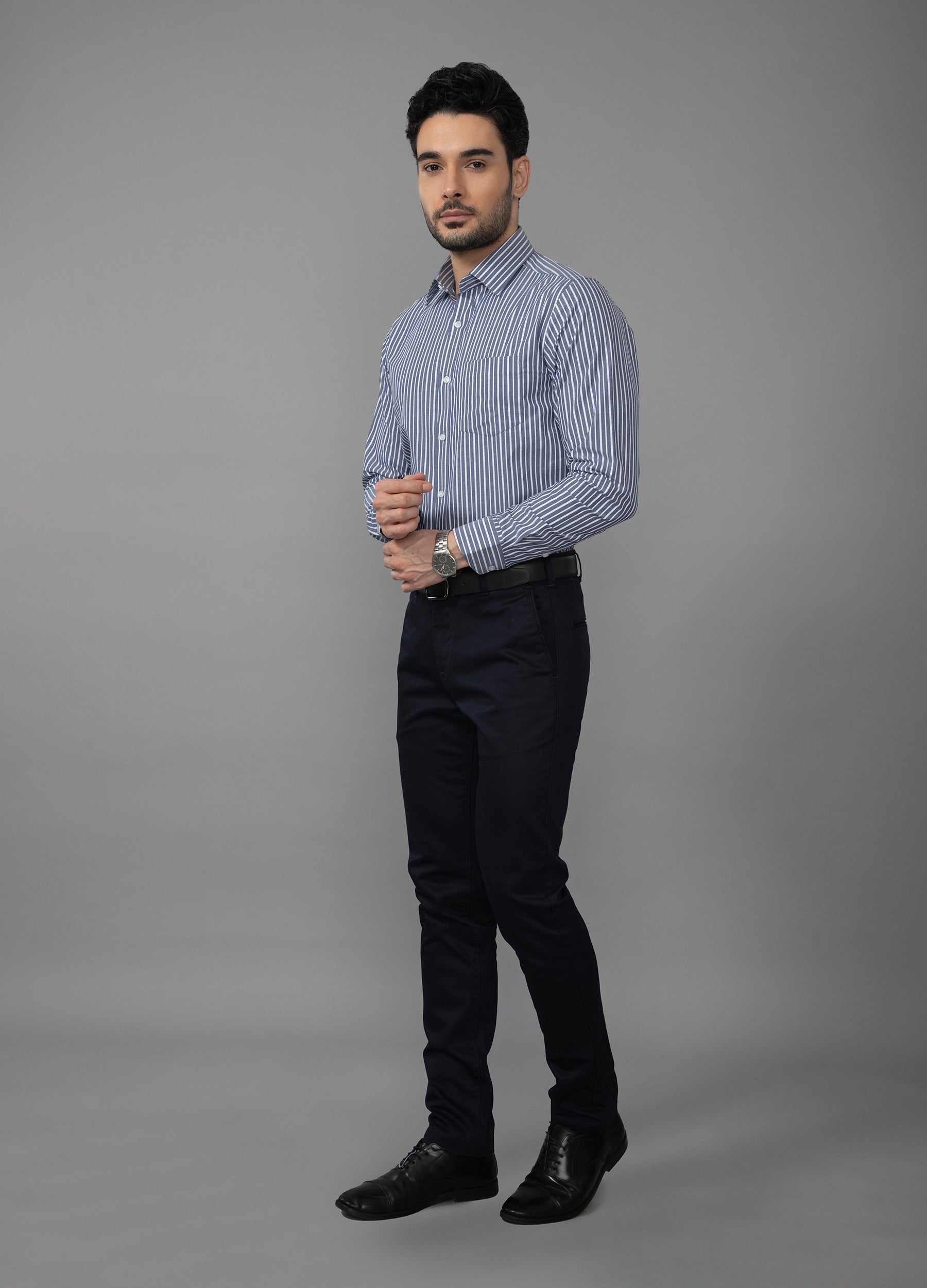 Point Collar Two Colour Yarn Dyed Stripe Shirt - Yale Blue