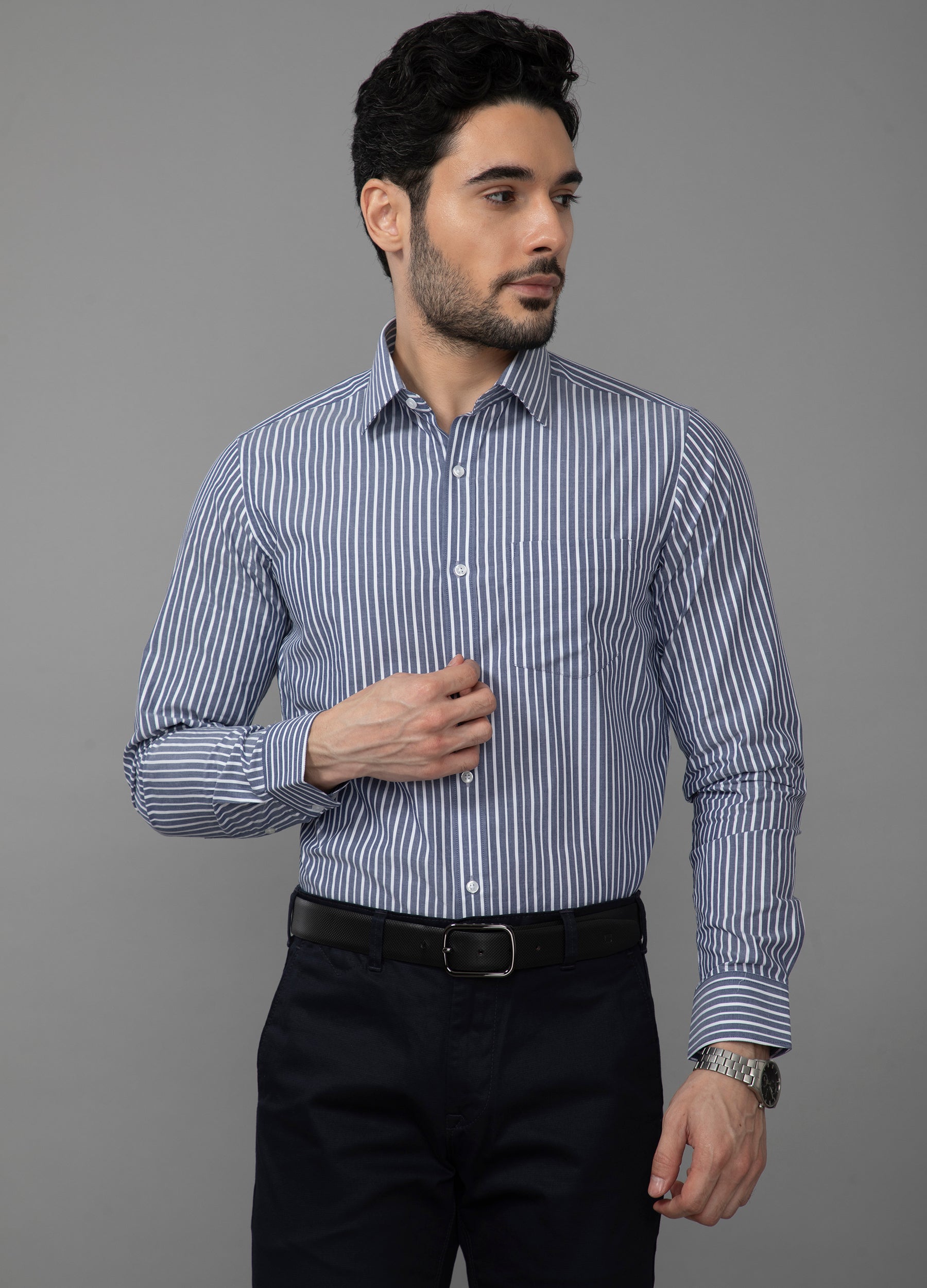 Point Collar Two Colour Yarn Dyed Stripe Shirt - Yale Blue