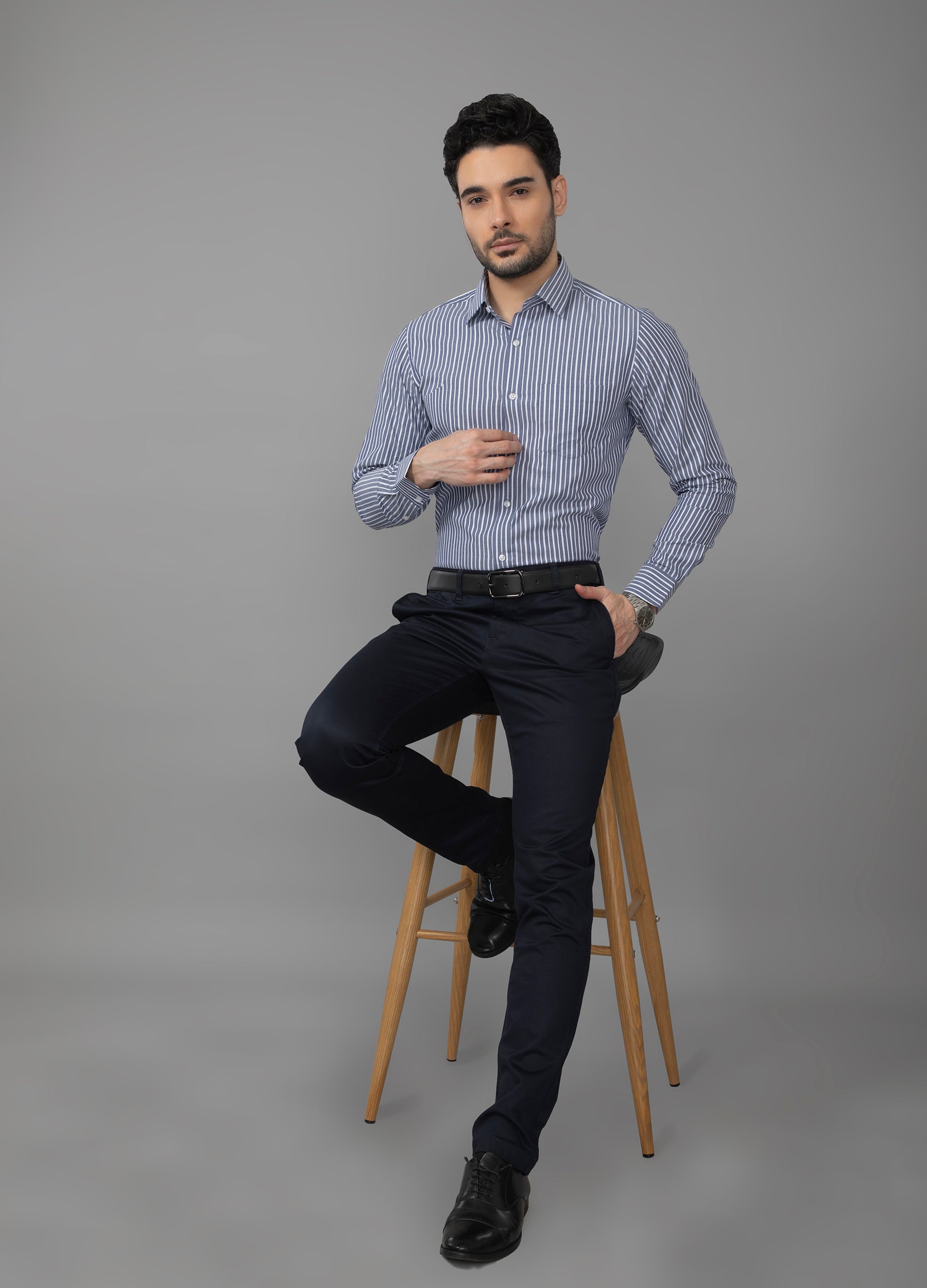Point Collar Two Colour Yarn Dyed Stripe Shirt - Yale Blue