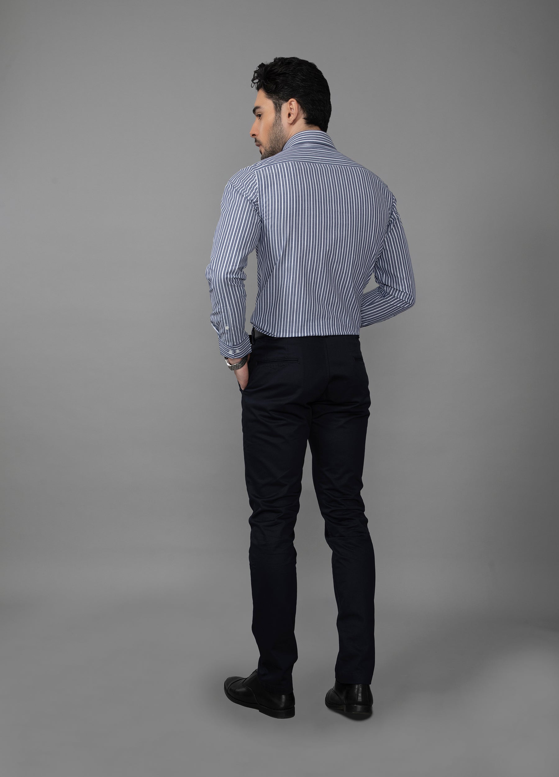 Point Collar Two Colour Yarn Dyed Stripe Shirt - Yale Blue