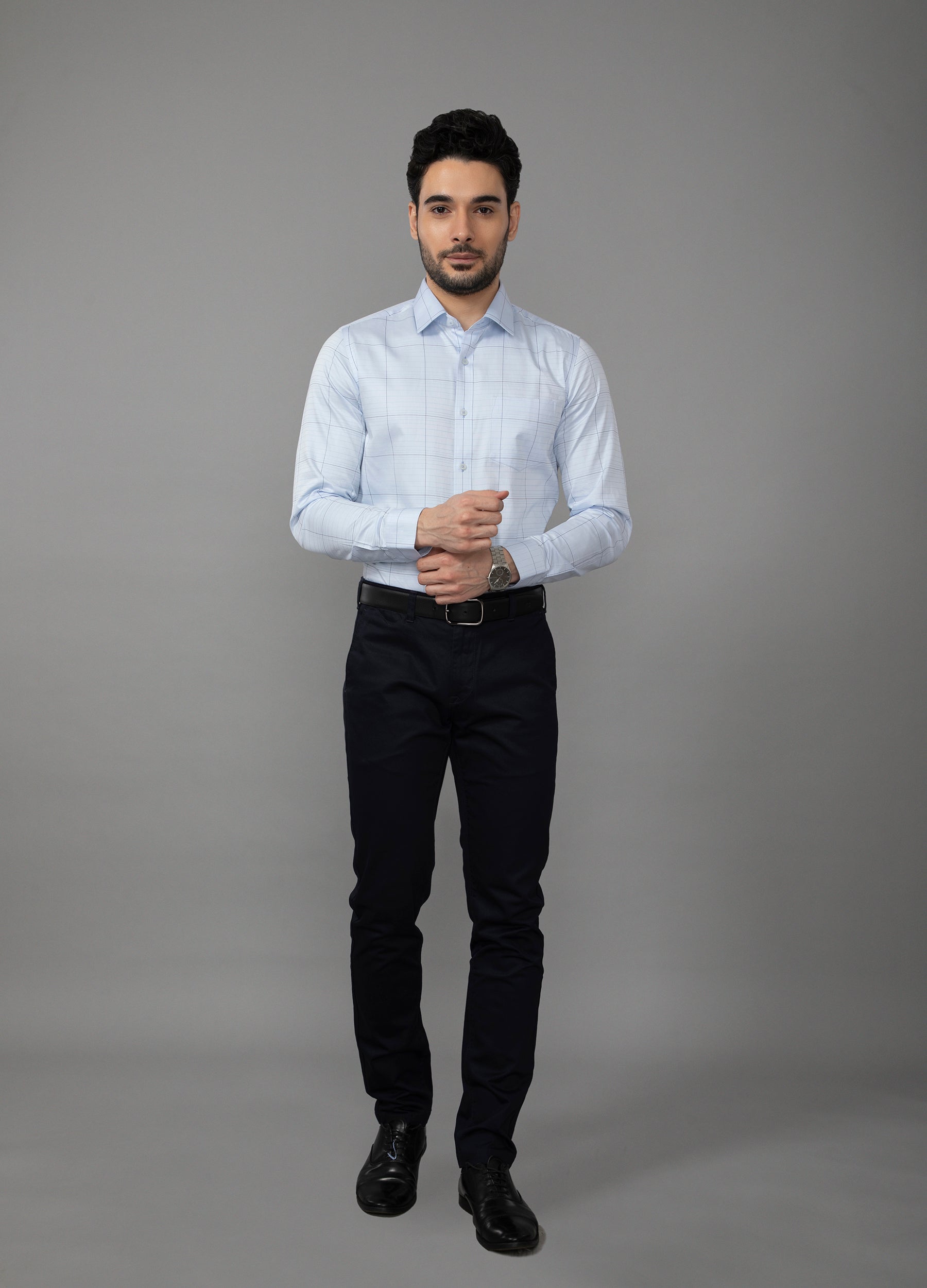 Point Collar Large Checks Fine Line Shirt - Placid Blue