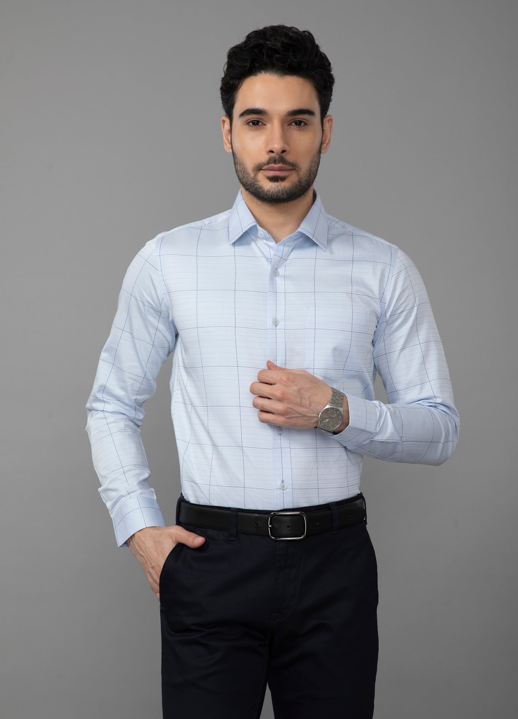 Point Collar Large Checks Fine Line Shirt - Placid Blue