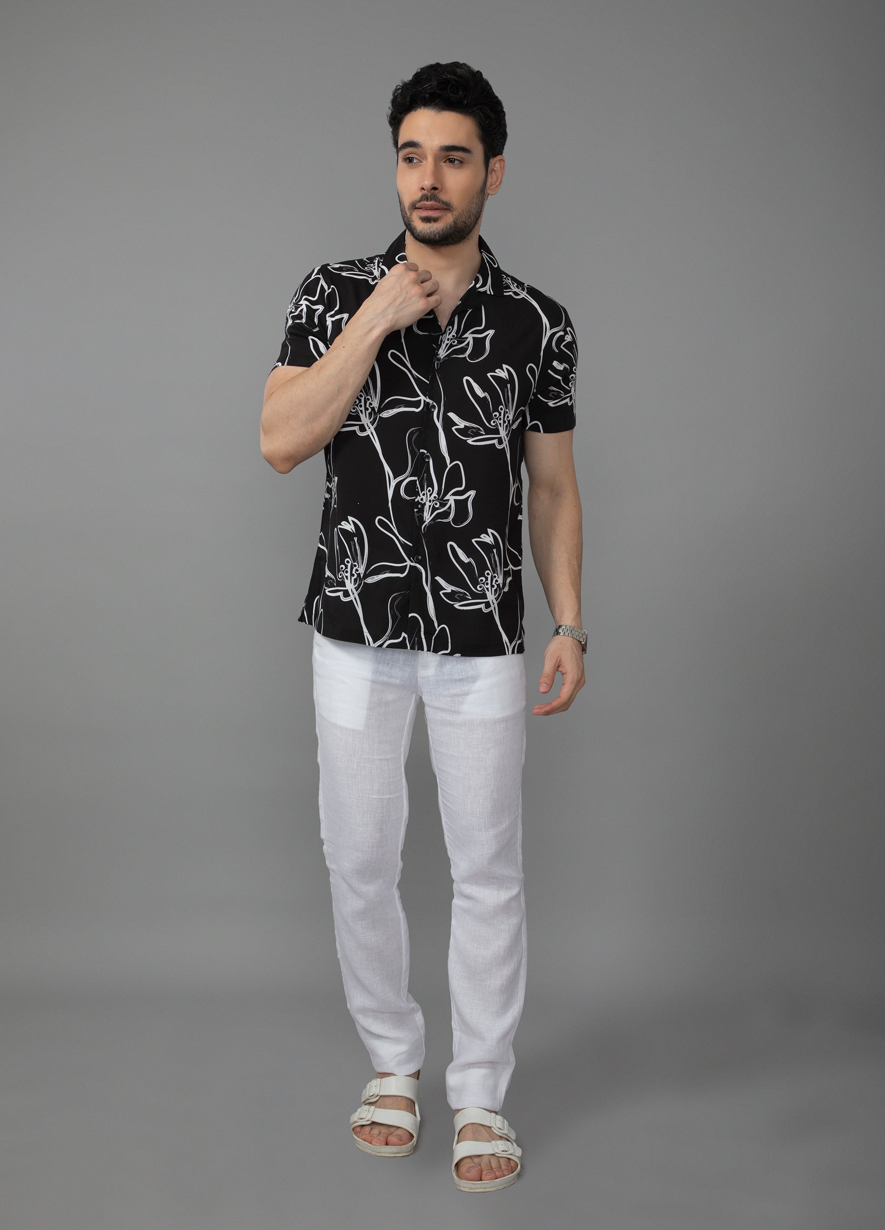 Blanc - Noir - Fleur: Camp Collar Floral Print Shirt -Black