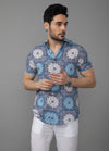 Heritage Blue: Flat Collar Heritage Print Short Sleeves Shirt - Persian Blue