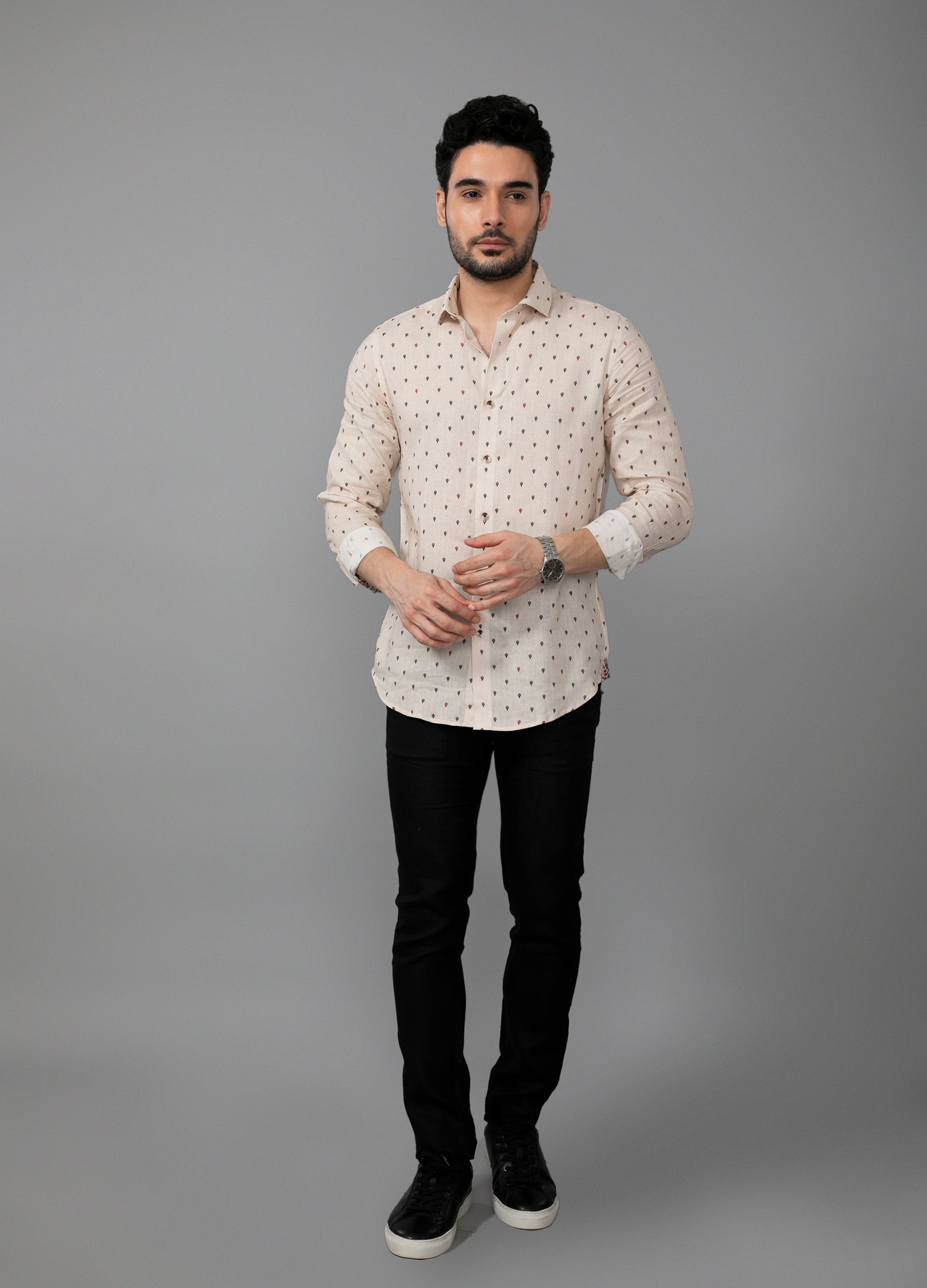 Cutaway collar Linen Tencel Balloon Print Shirt- Beige