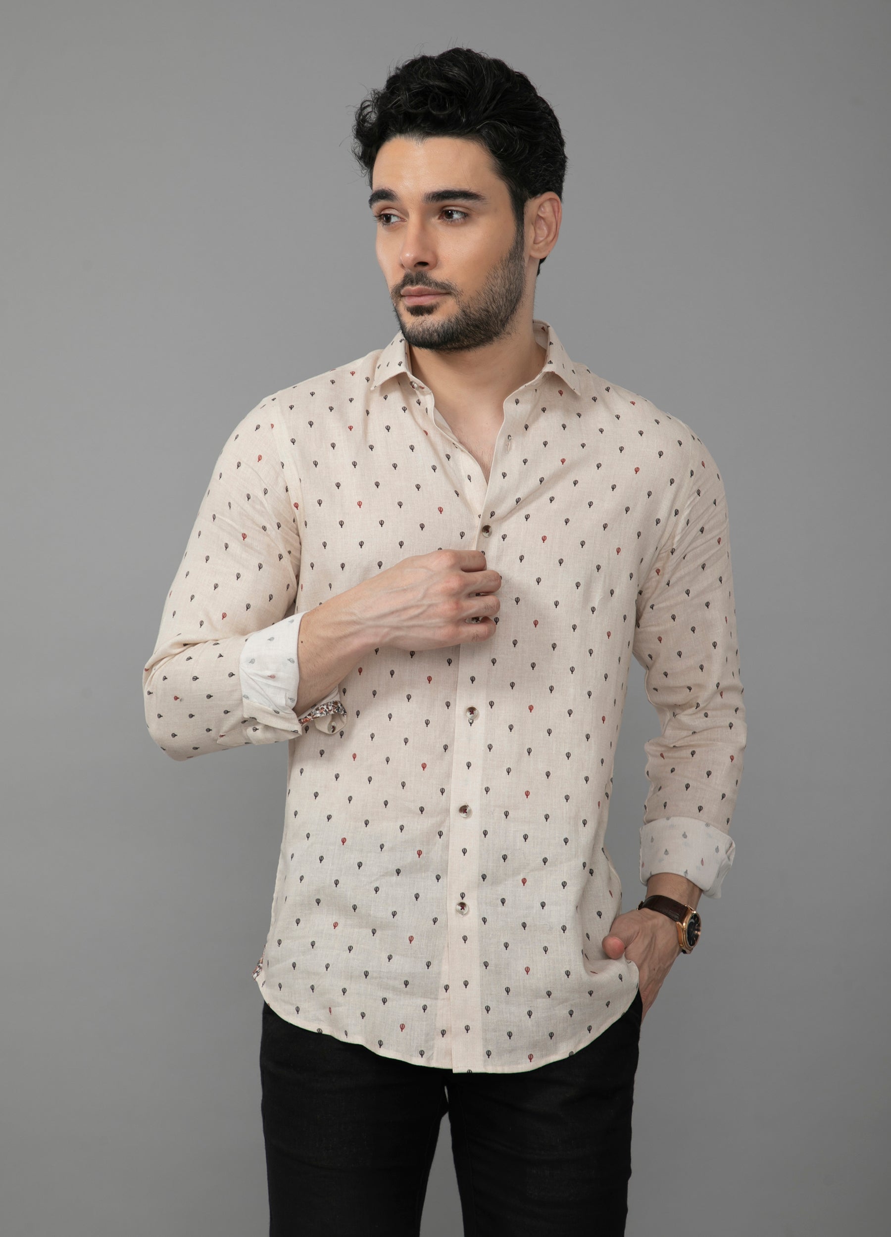 Cutaway collar Linen Tencel Balloon Print Shirt- Beige