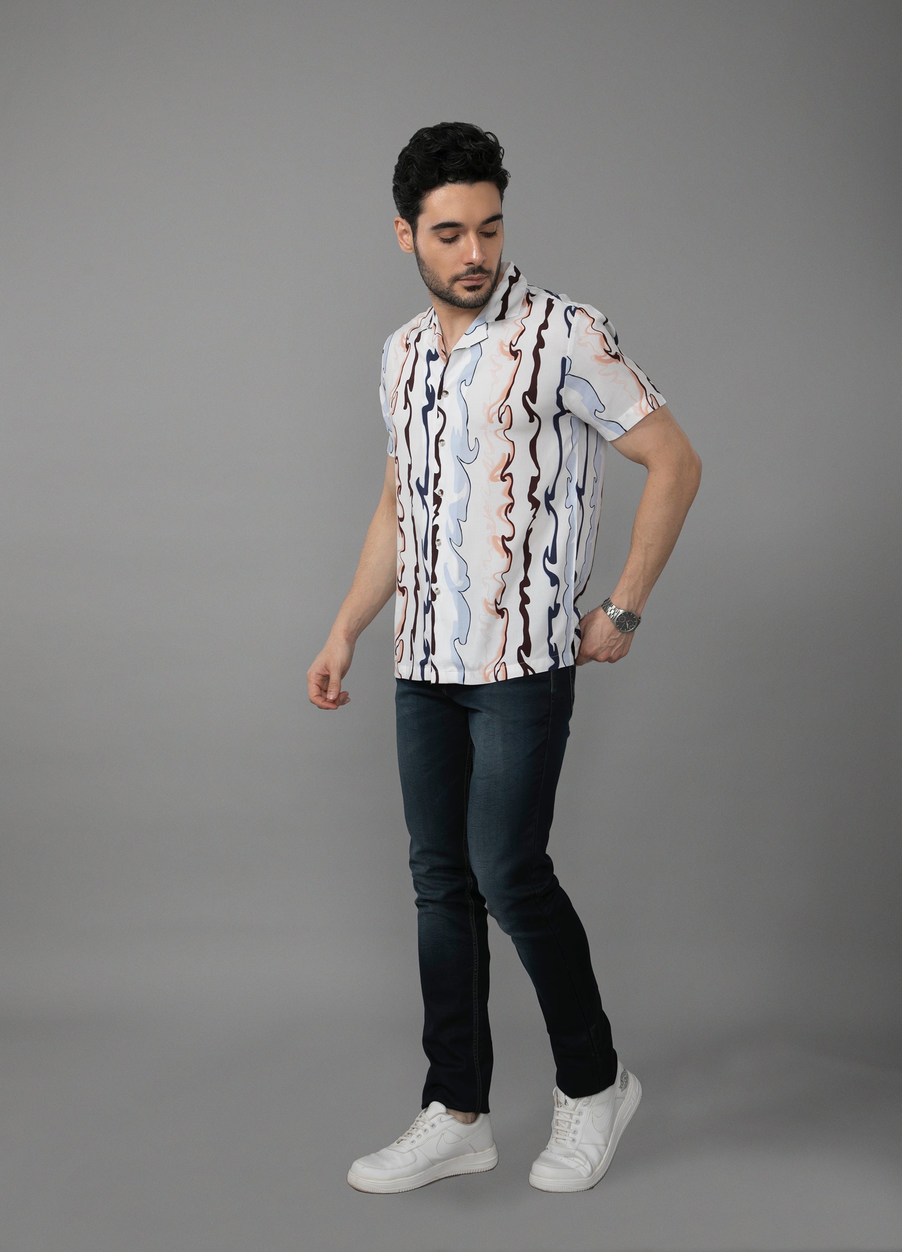 Waves of Life: Camp Collar Wave Print Shirt - Off White
