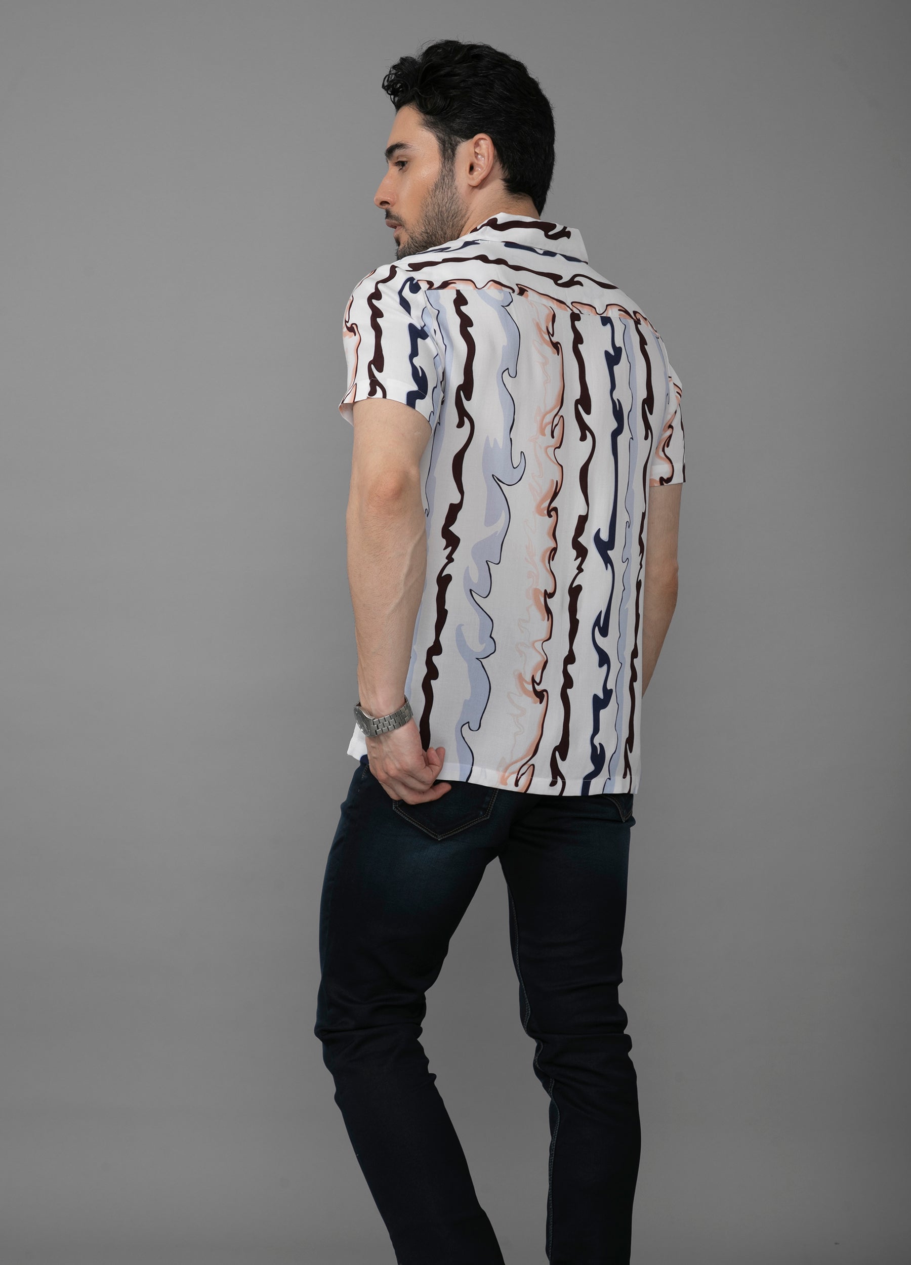 Waves of Life: Camp Collar Wave Print Shirt - Off White