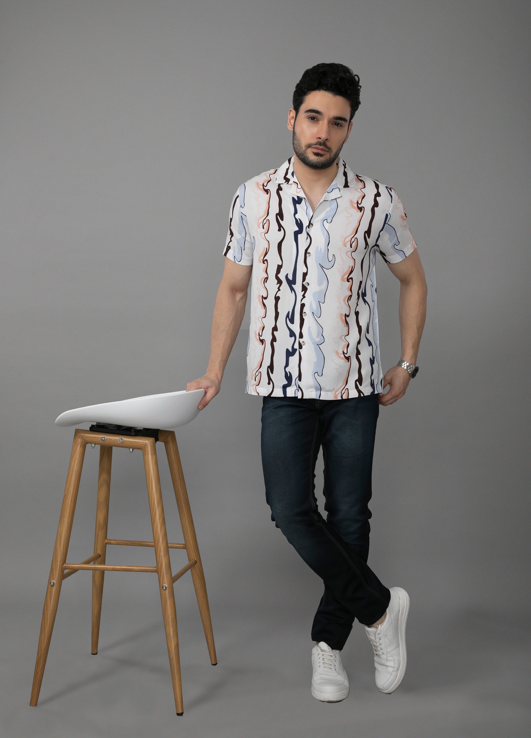 Waves of Life: Camp Collar Wave Print Shirt - Off White