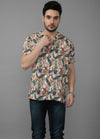 The Holiday OutfitsTropical Twist : Camp Collar Bold Leaf Print Shirt- Beige