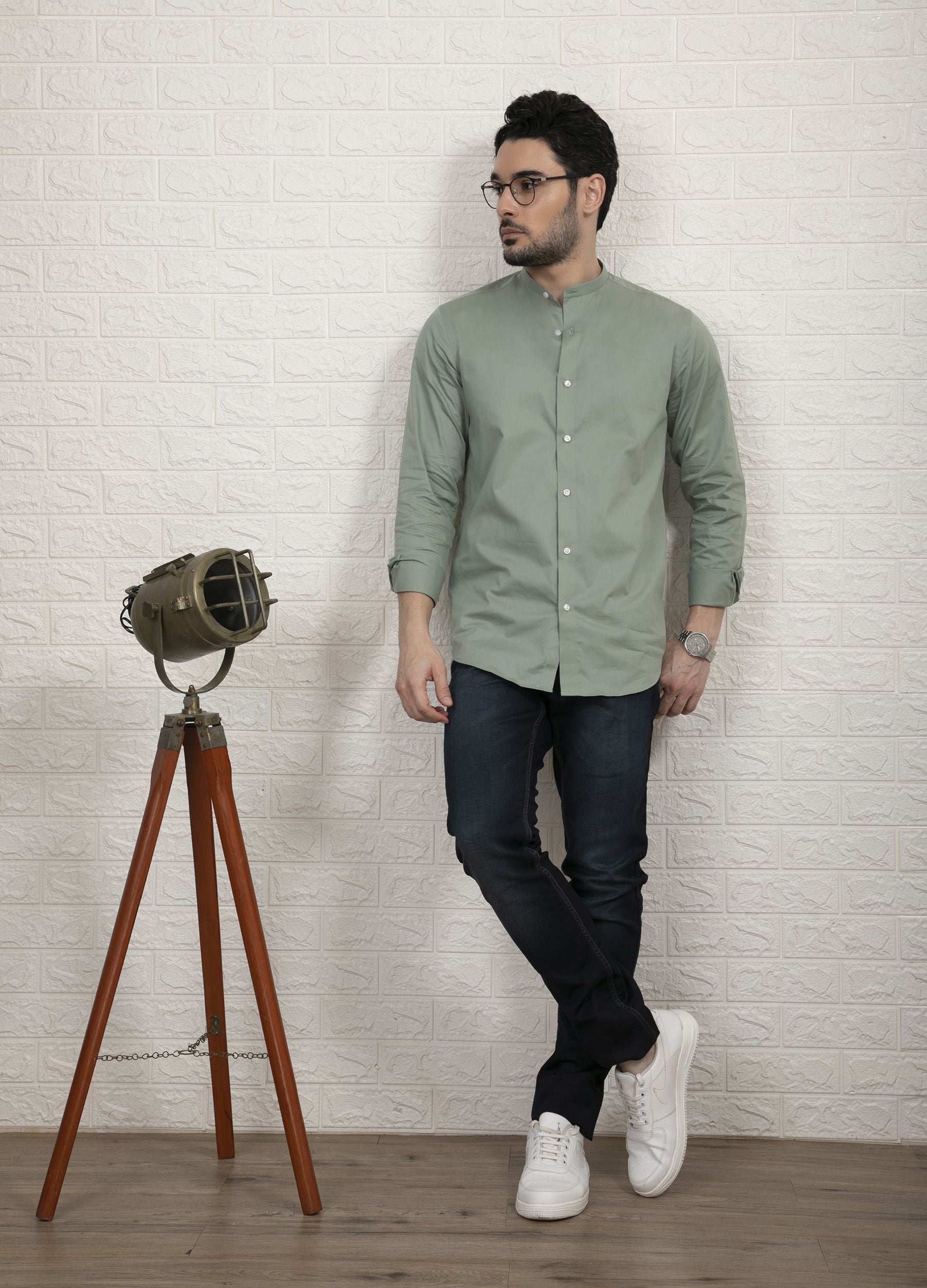 Band Collar Fine Twill Stretch Shirt - Mint Green