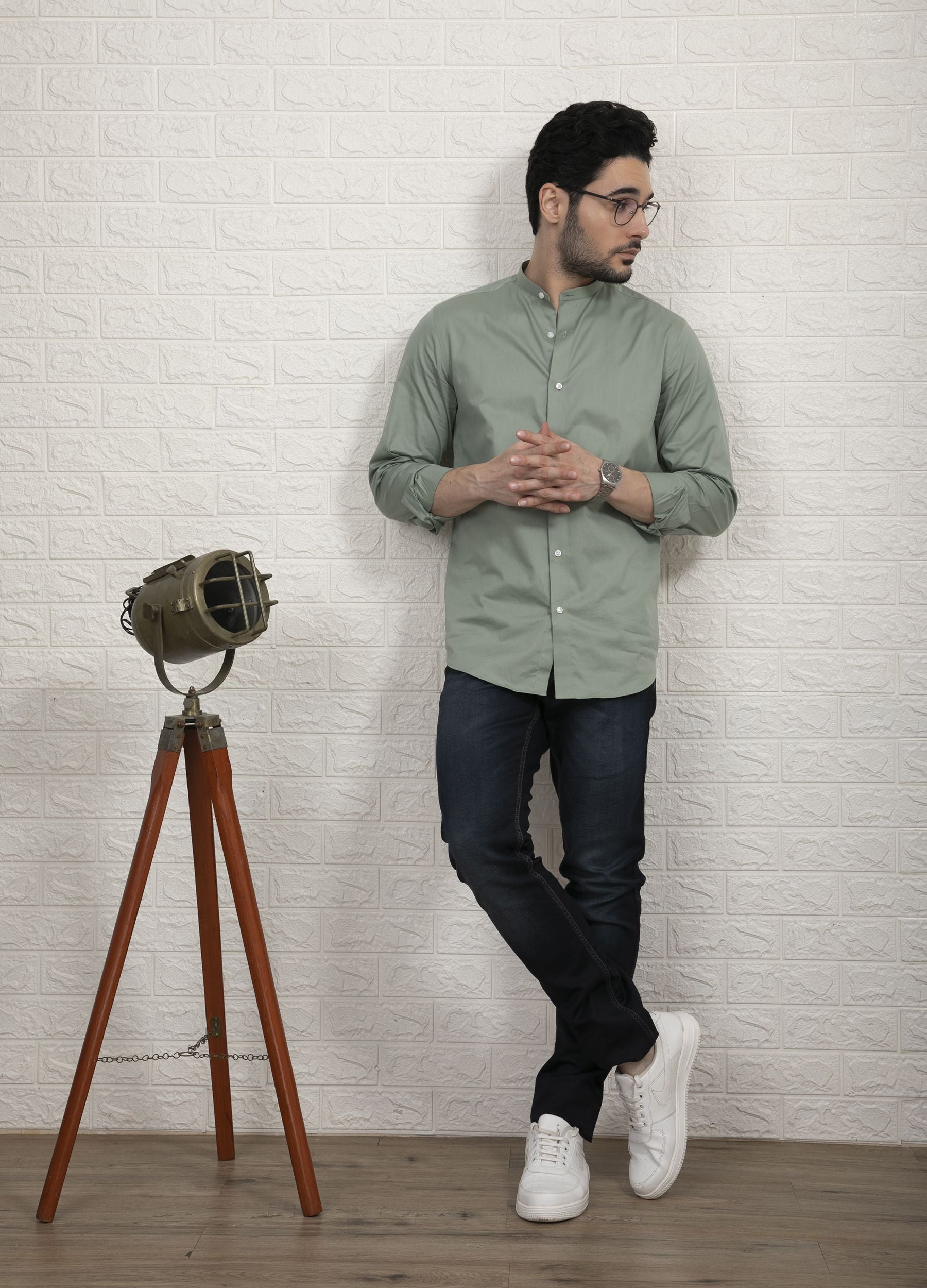 Band Collar Fine Twill Stretch Shirt - Mint Green