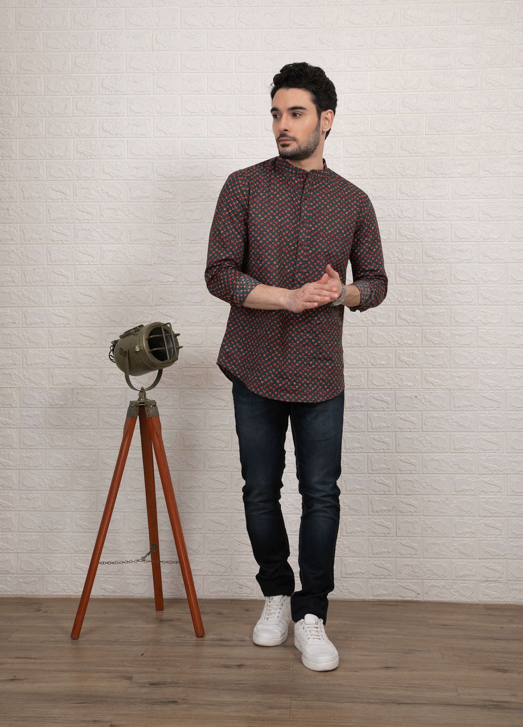 Green Drupe: Band Collar Cherry Print Short Kurta - Teal