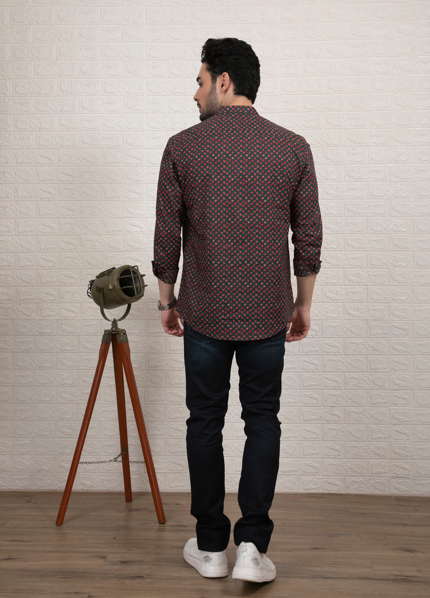 Green Drupe: Band Collar Cherry Print Short Kurta - Teal