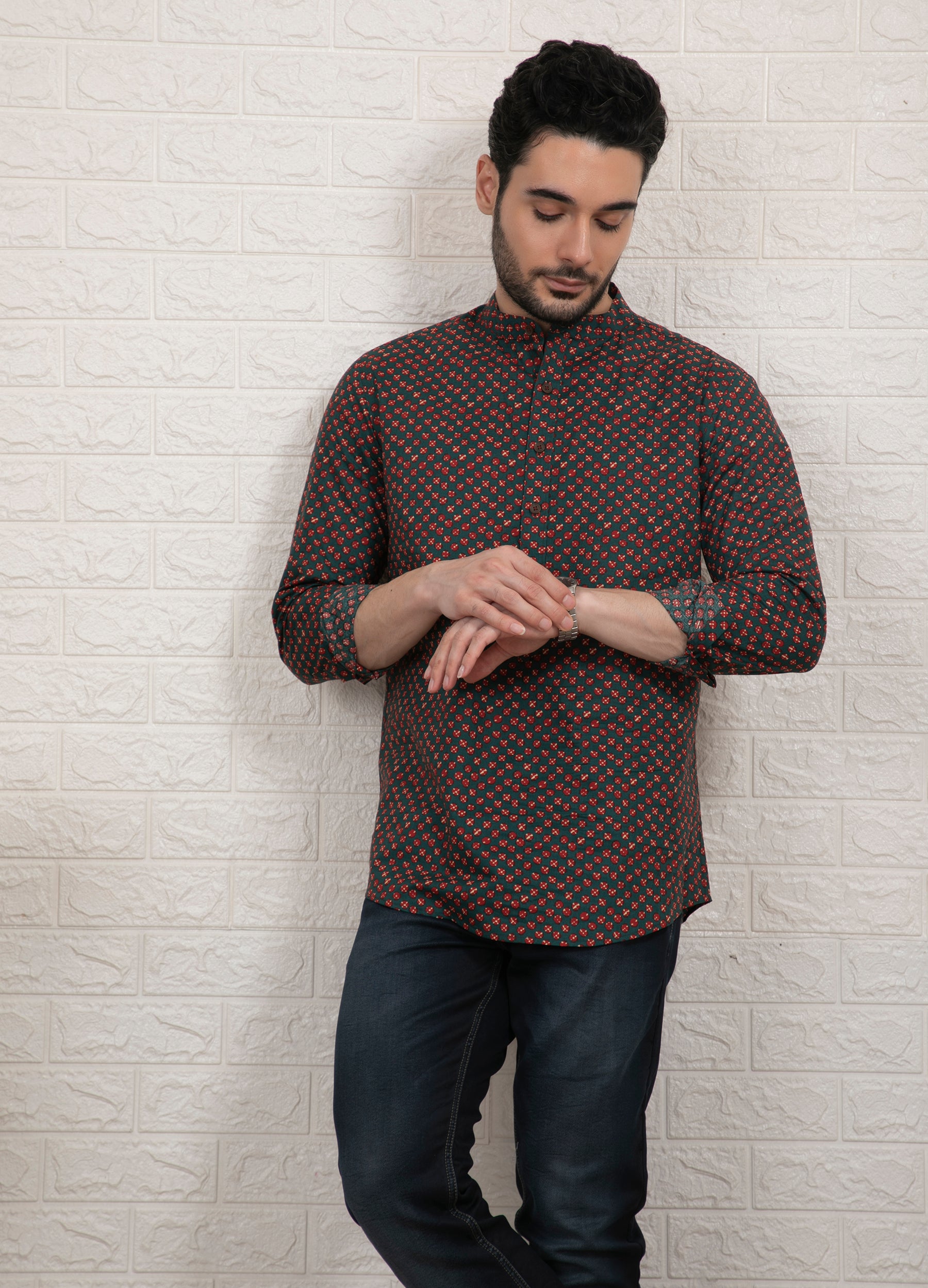 Green Drupe: Band Collar Cherry Print Short Kurta - Teal