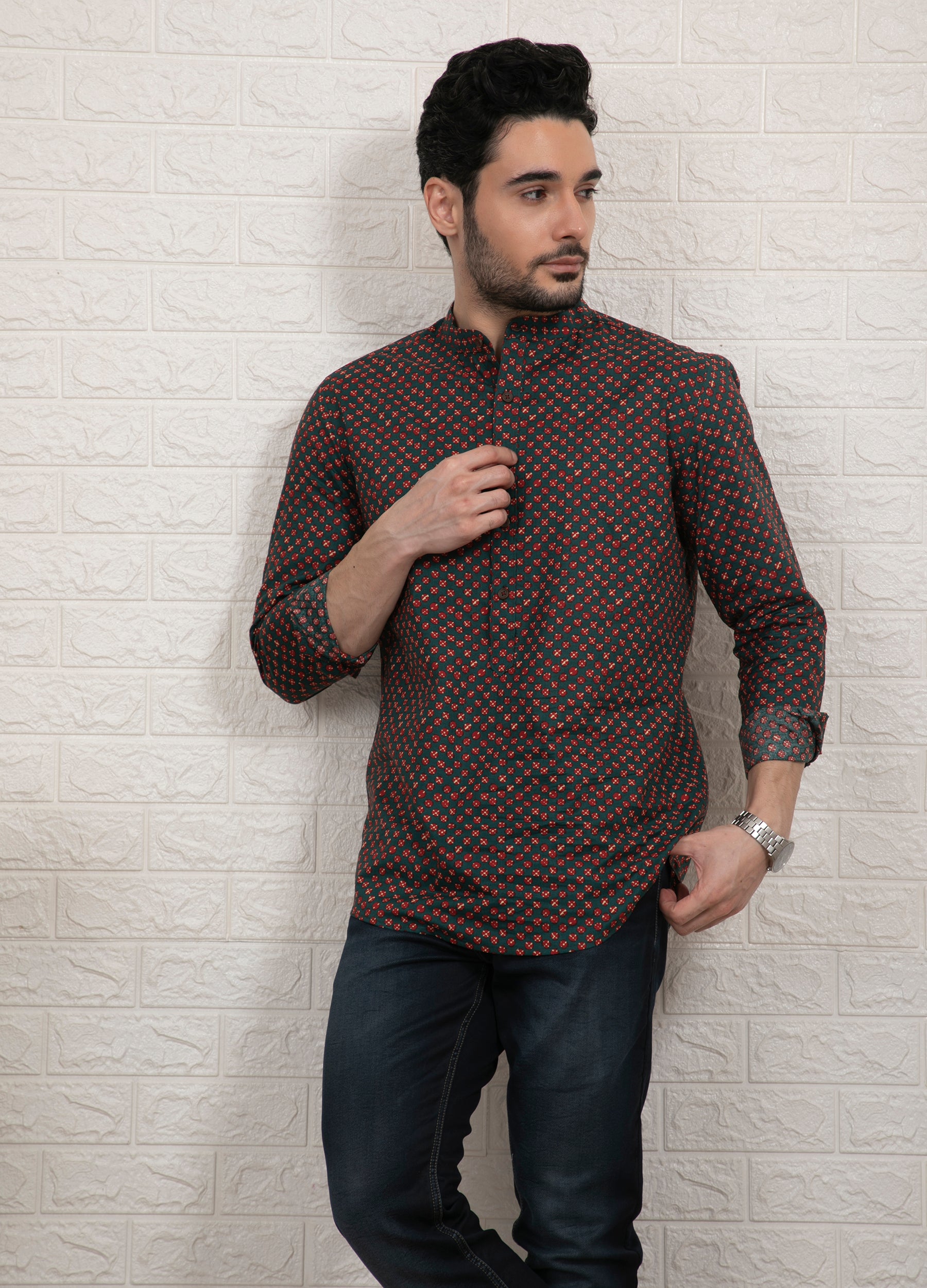 Green Drupe: Band Collar Cherry Print Short Kurta - Teal