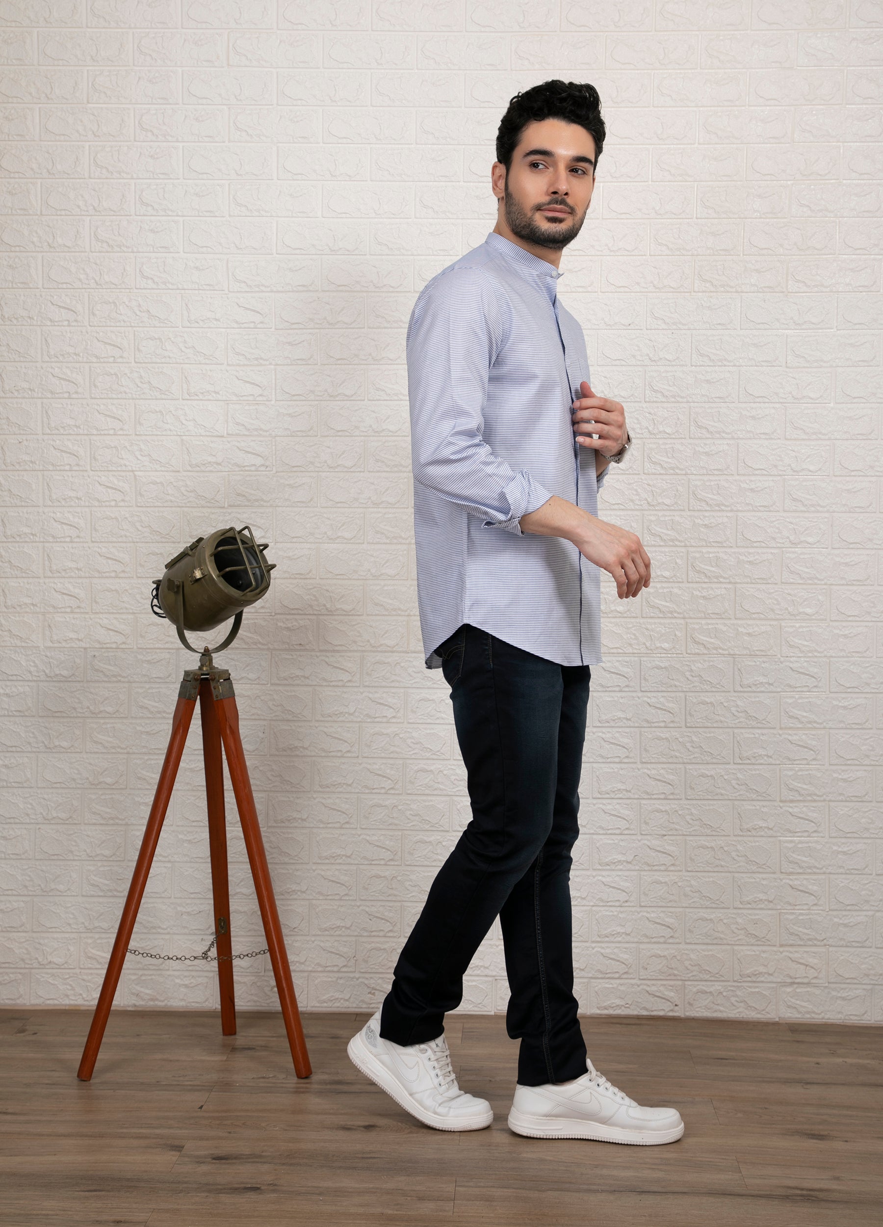 Band Collar Two Colour Casual Stripe Shirt - White