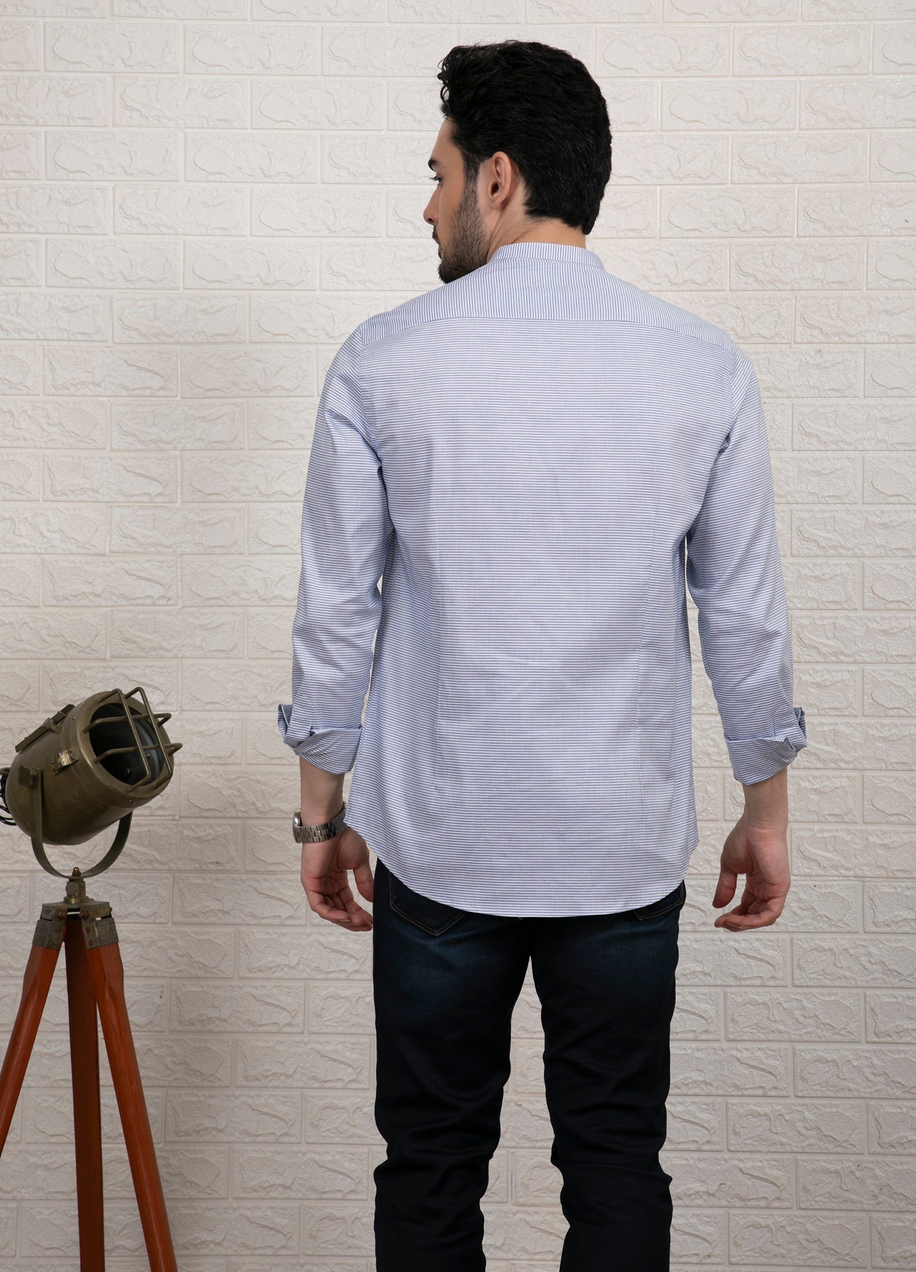 Band Collar Two Colour Casual Stripe Shirt White