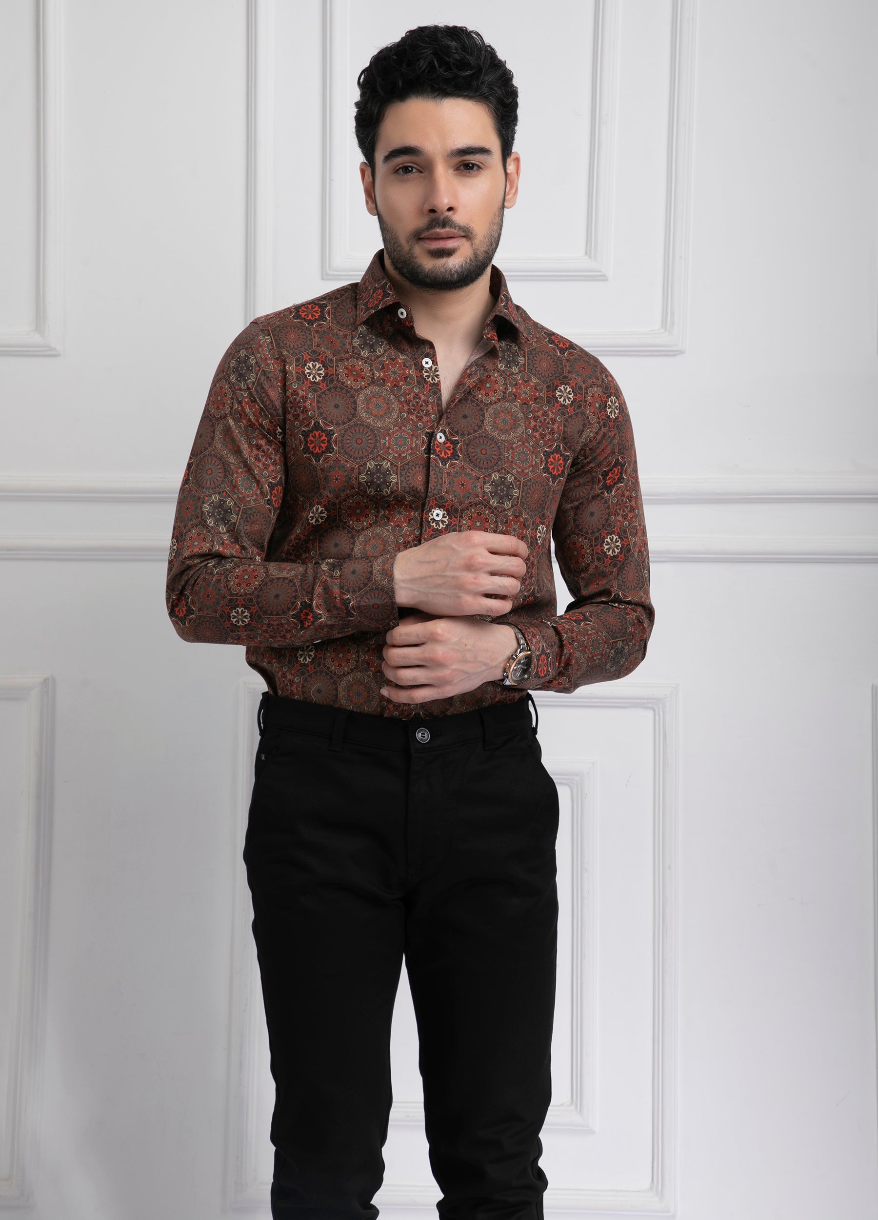 Satin Damask Print Shirt - Cedar Brown