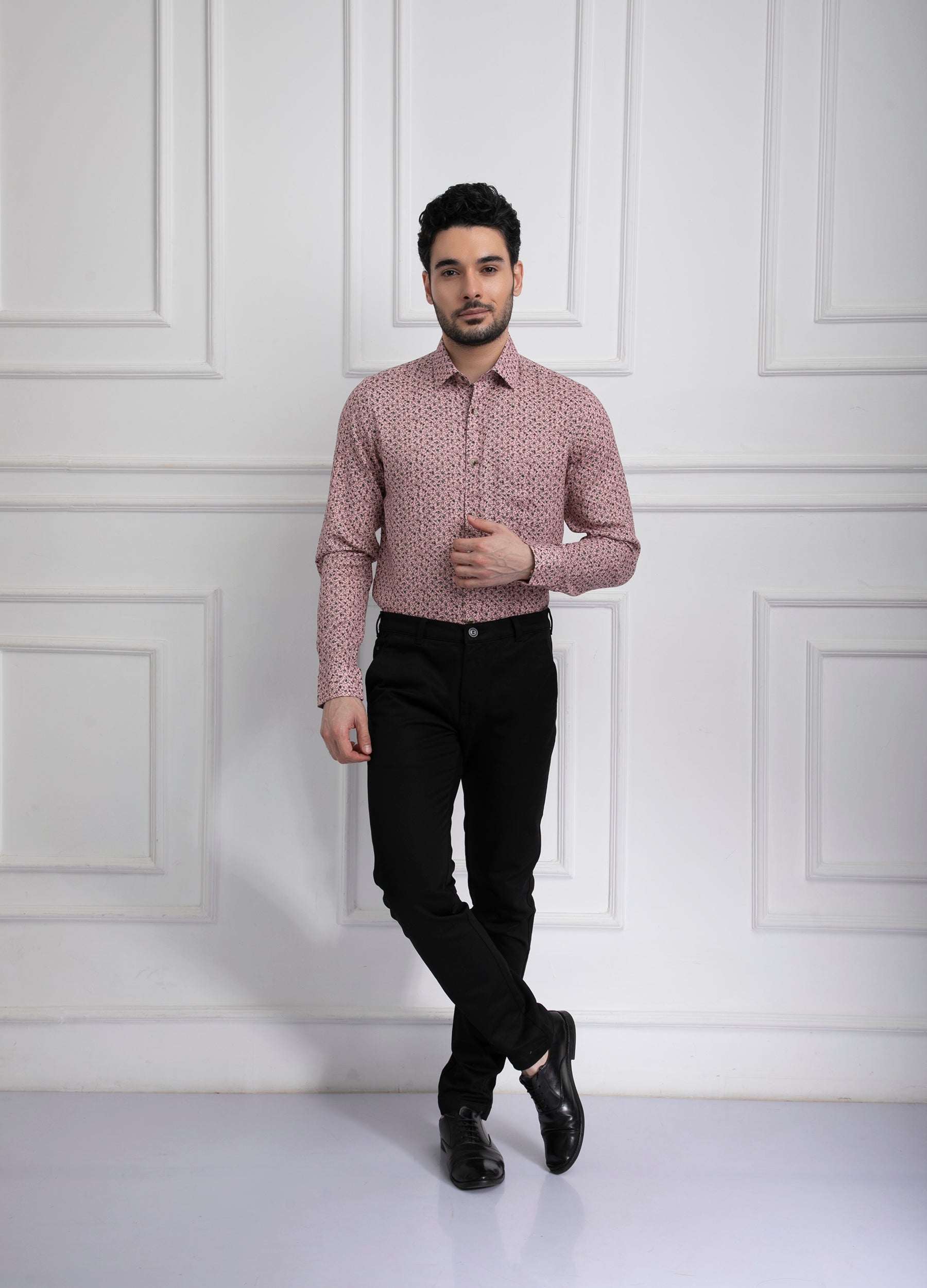 Point Collar Linen Tencel Vine Print Shirt - Poppy Pink