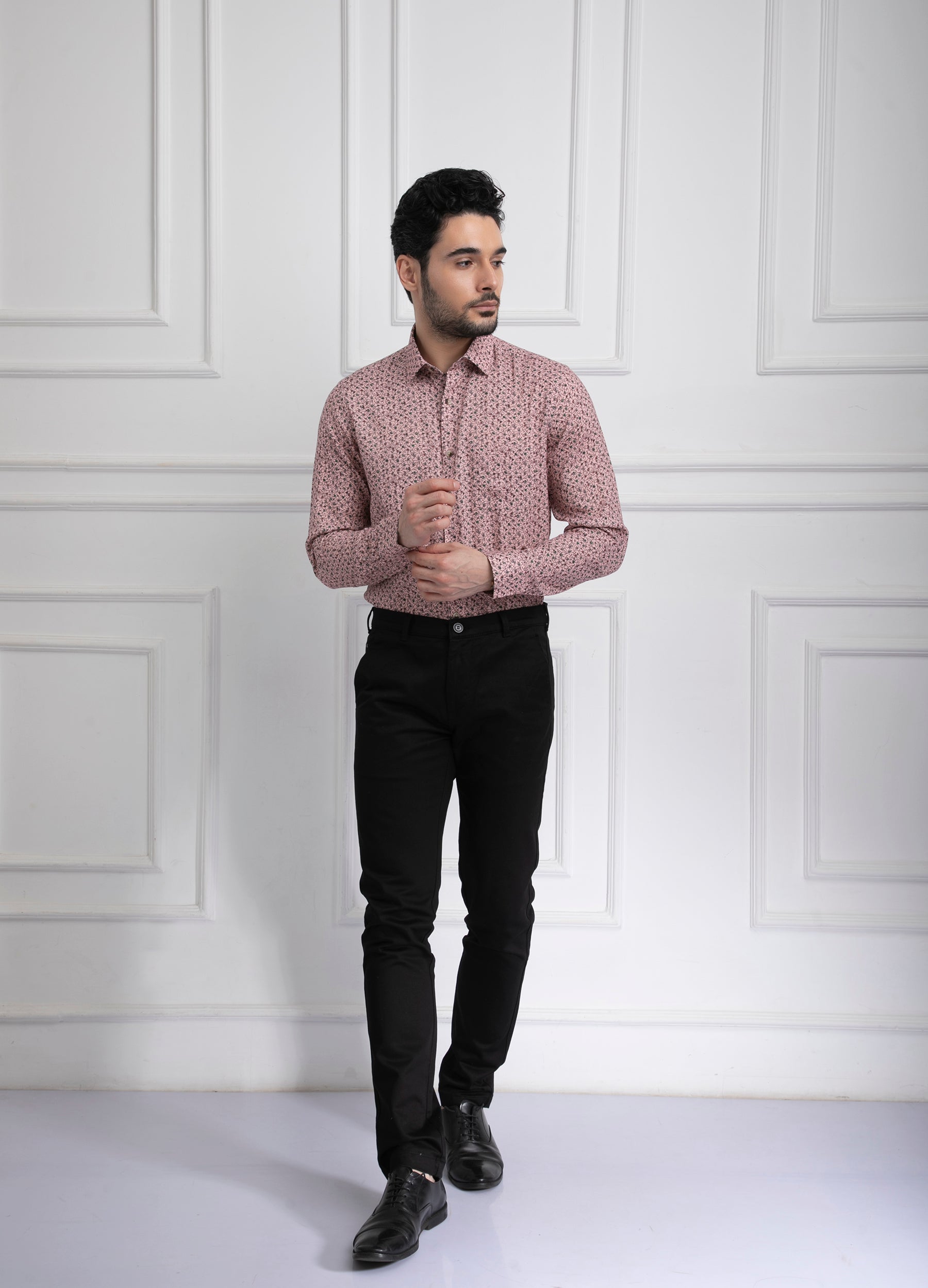 Point Collar Linen Tencel Vine Print Shirt - Poppy Pink