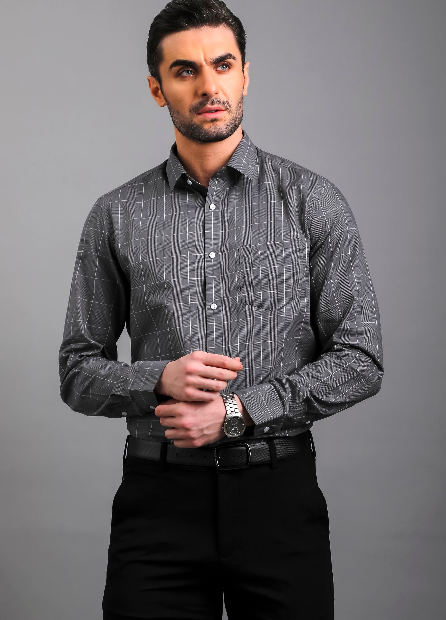 Point Collar Yarn Dyed Graph Checks - Grey