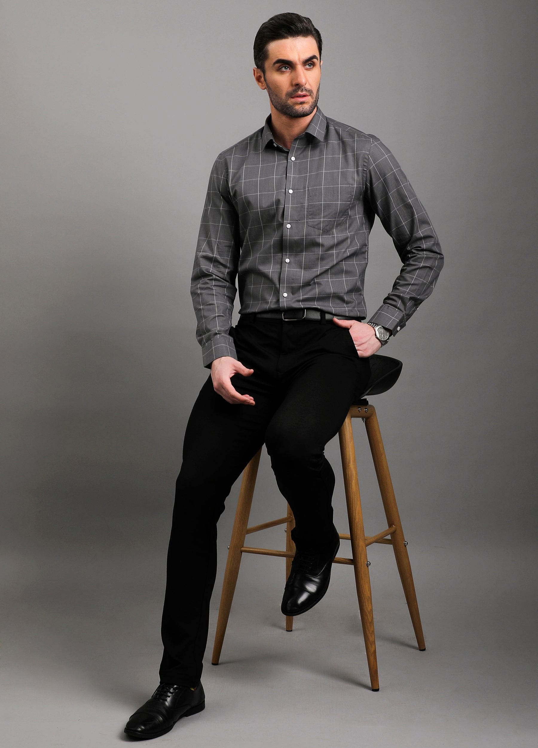 Point Collar Yarn Dyed Graph Checks - Grey