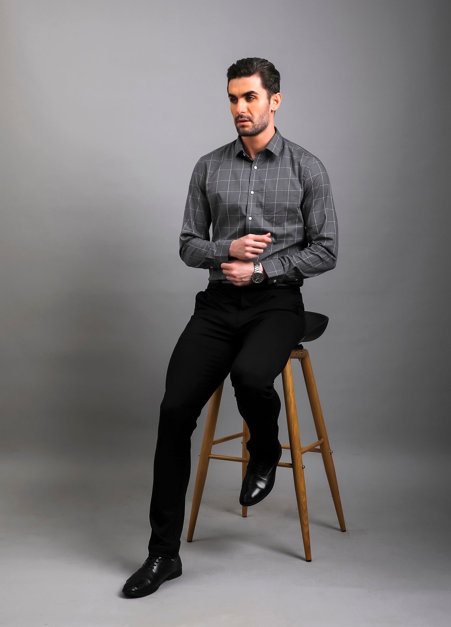 Point Collar Yarn Dyed Graph Checks - Grey