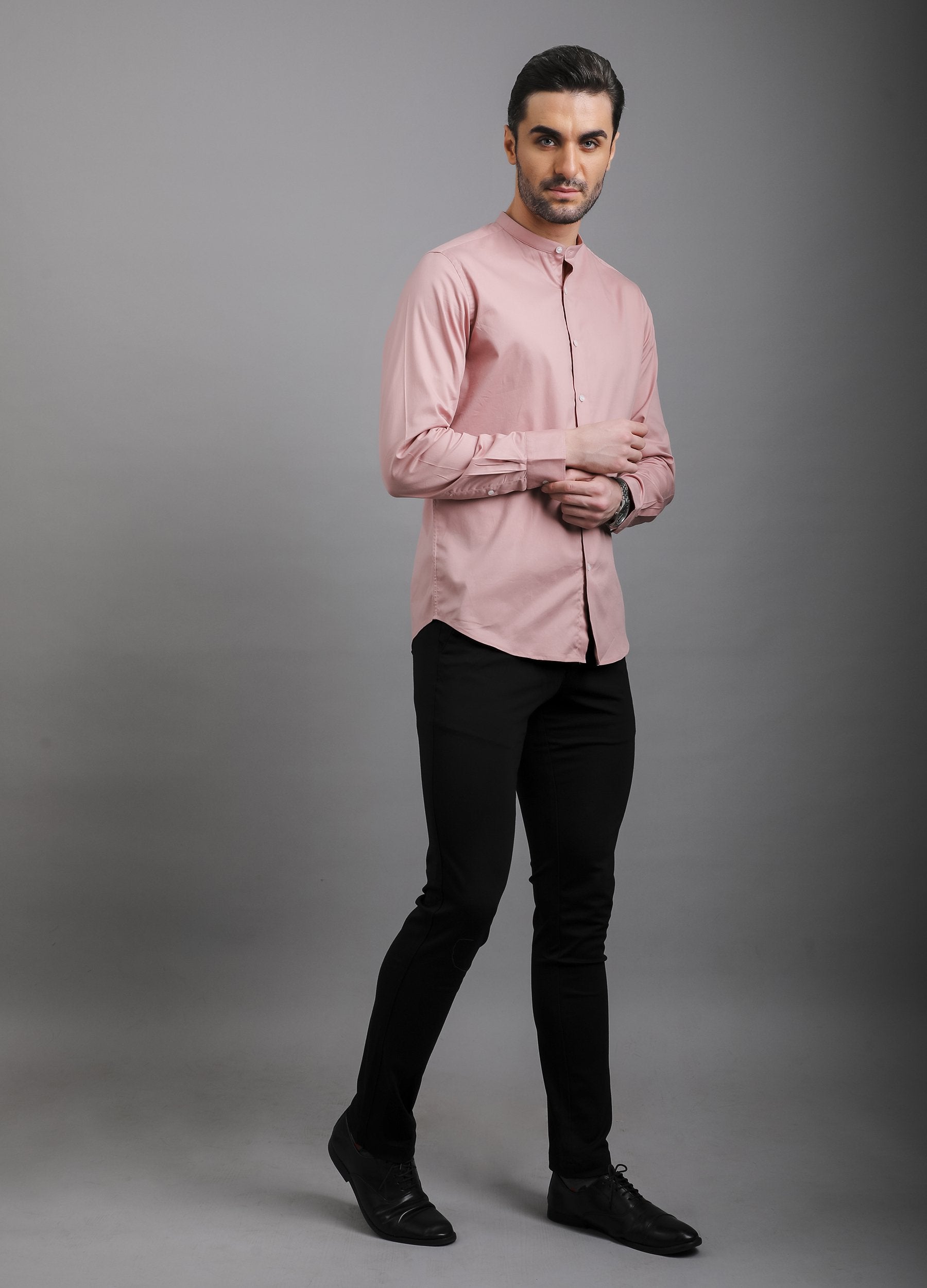 Band Collar Fine Twill Stretch Shirt - Peach