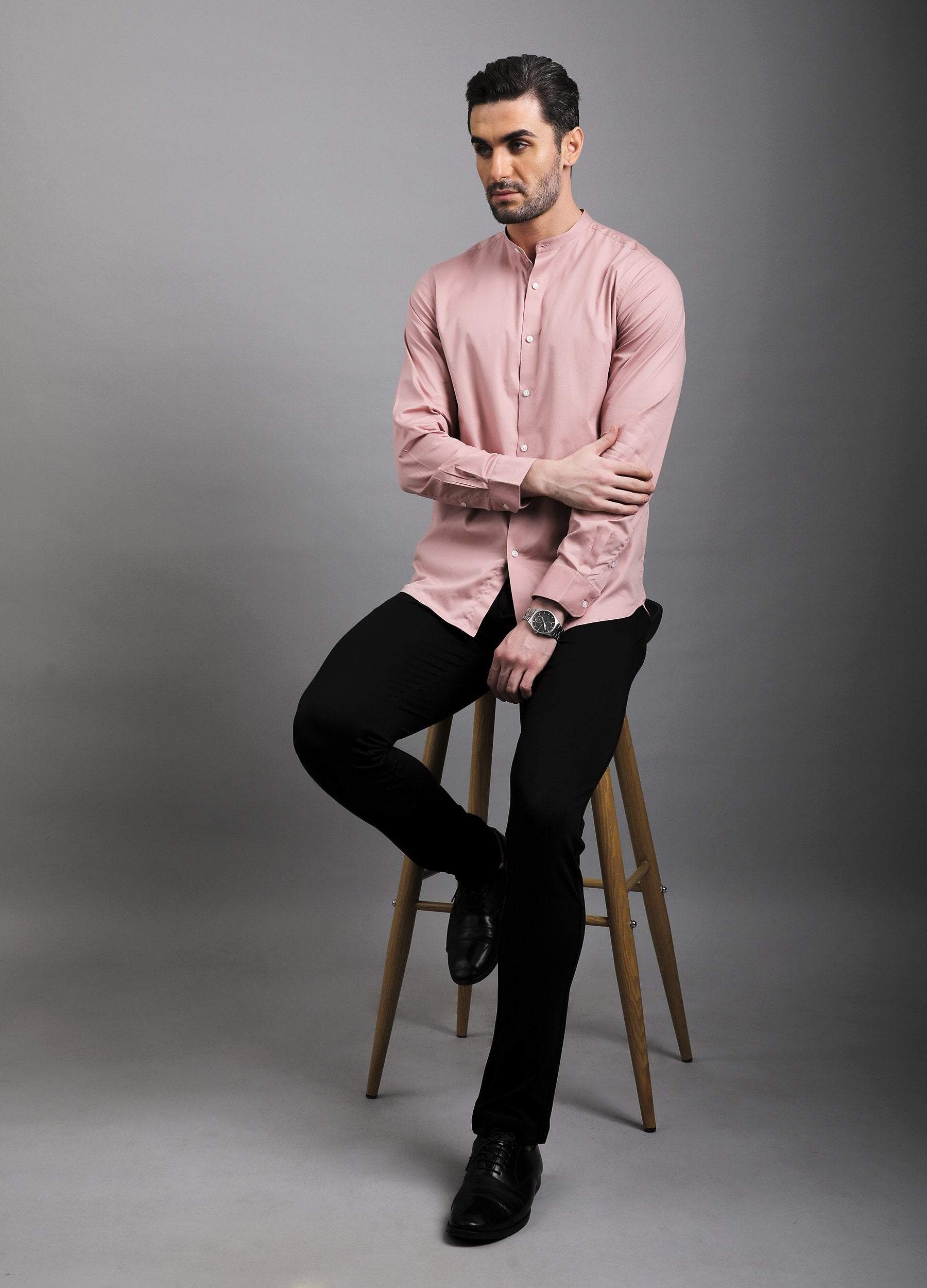 Band Collar Fine Twill Stretch Shirt - Peach